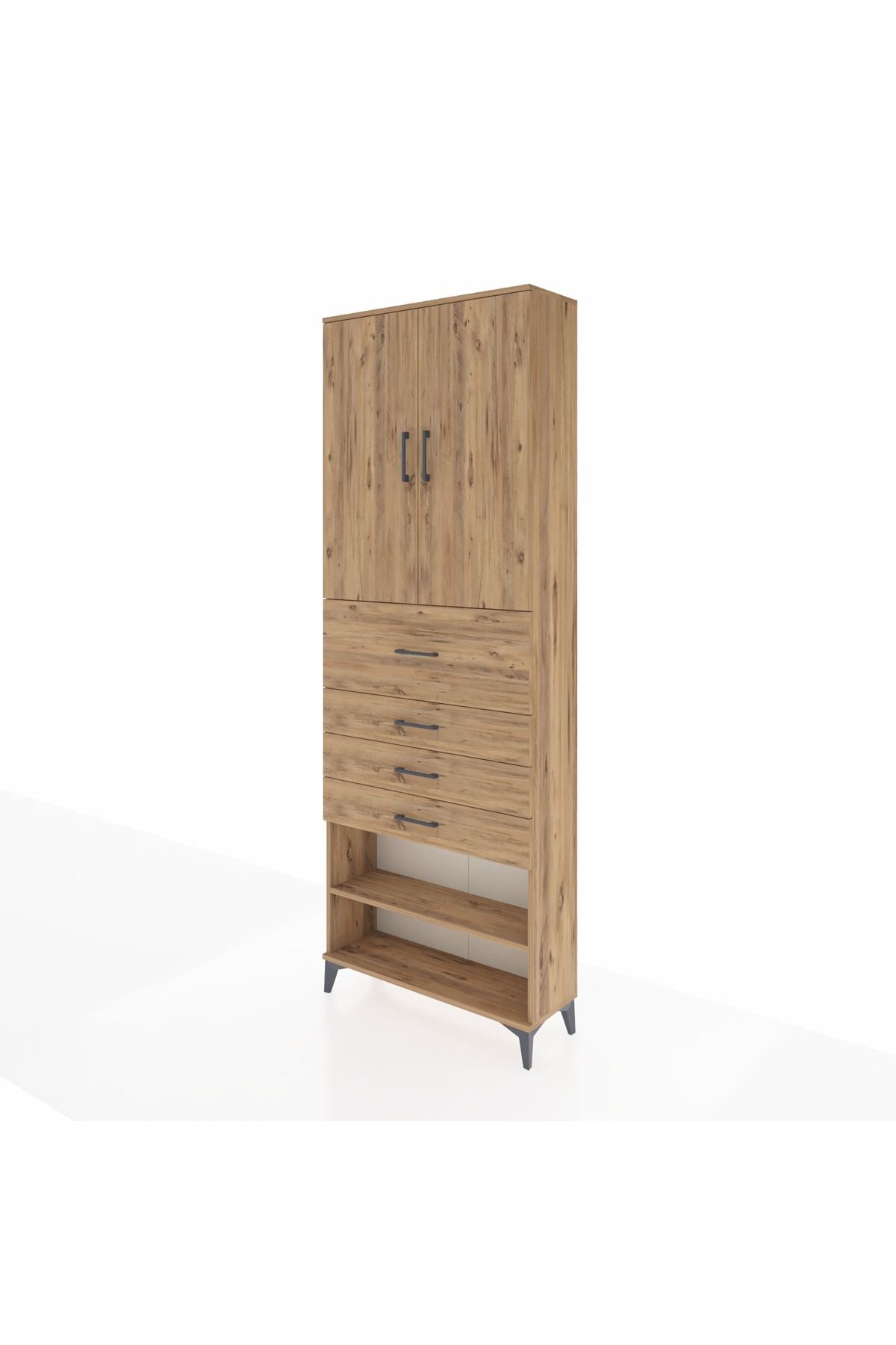 Arges Dolap 4 Raflı 4 Çekmeceli 2 Kapaklı 88x30x243 Çam-Çam