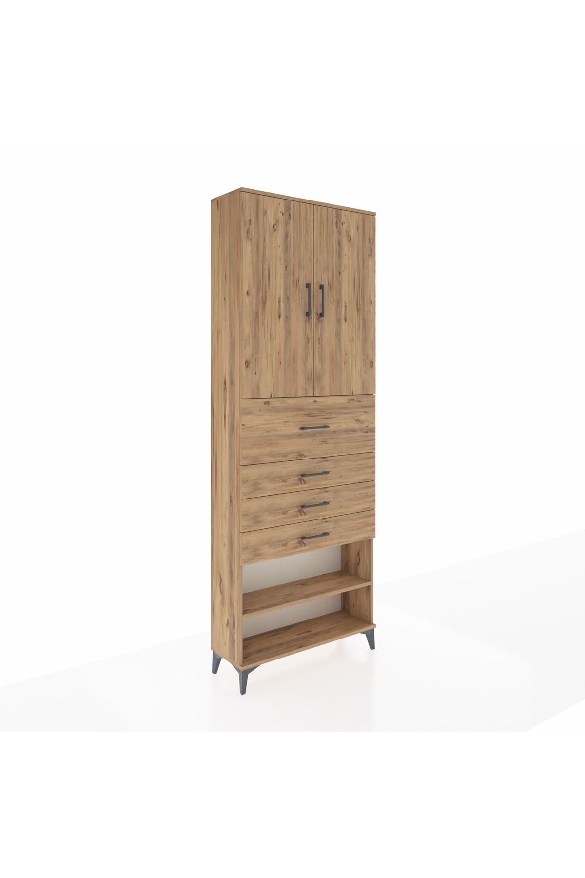 Arges Dolap 4 Raflı 4 Çekmeceli 2 Kapaklı 88x30x243 Çam-Çam