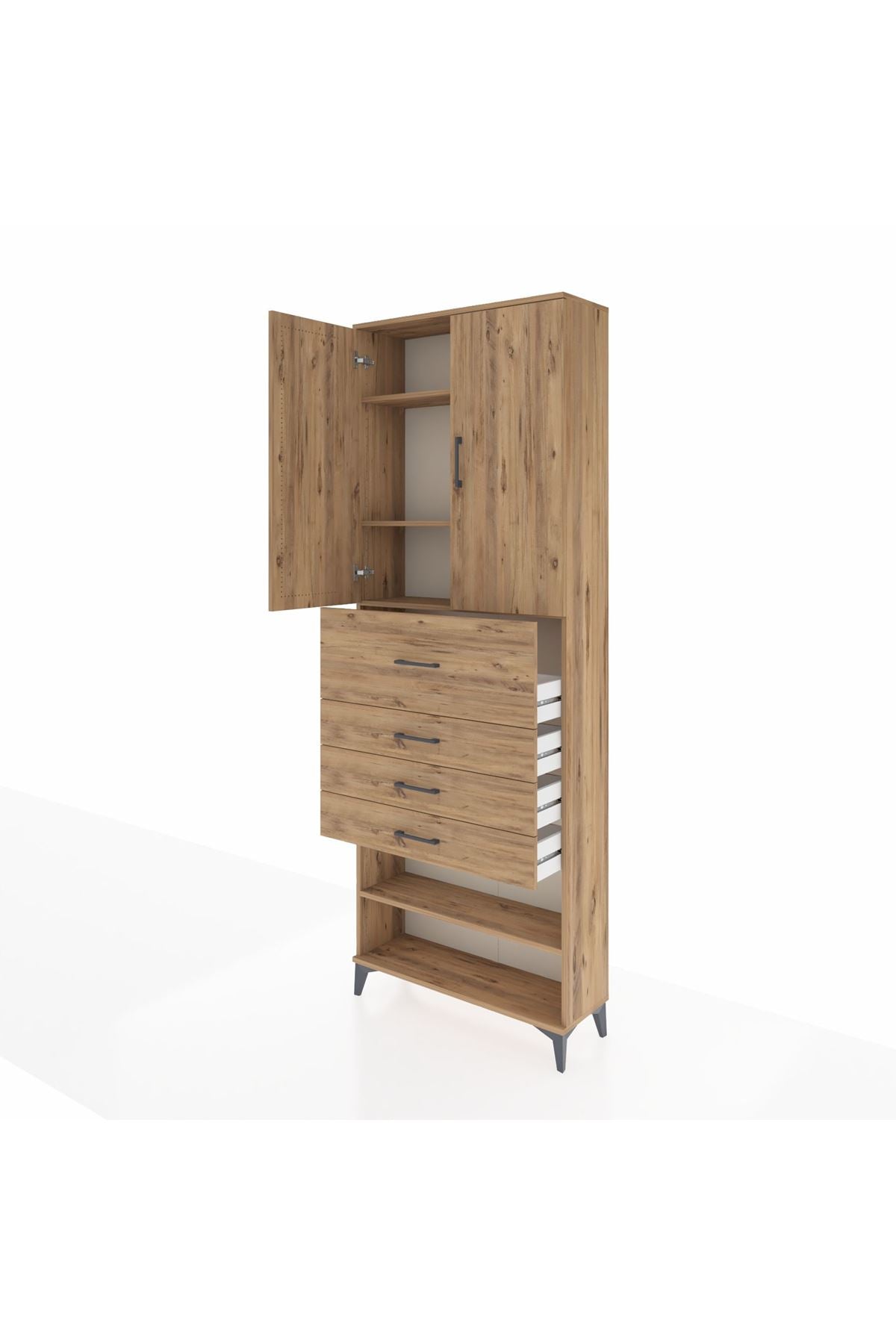 Arges Dolap 4 Raflı 4 Çekmeceli 2 Kapaklı 88x30x243 Çam-Çam