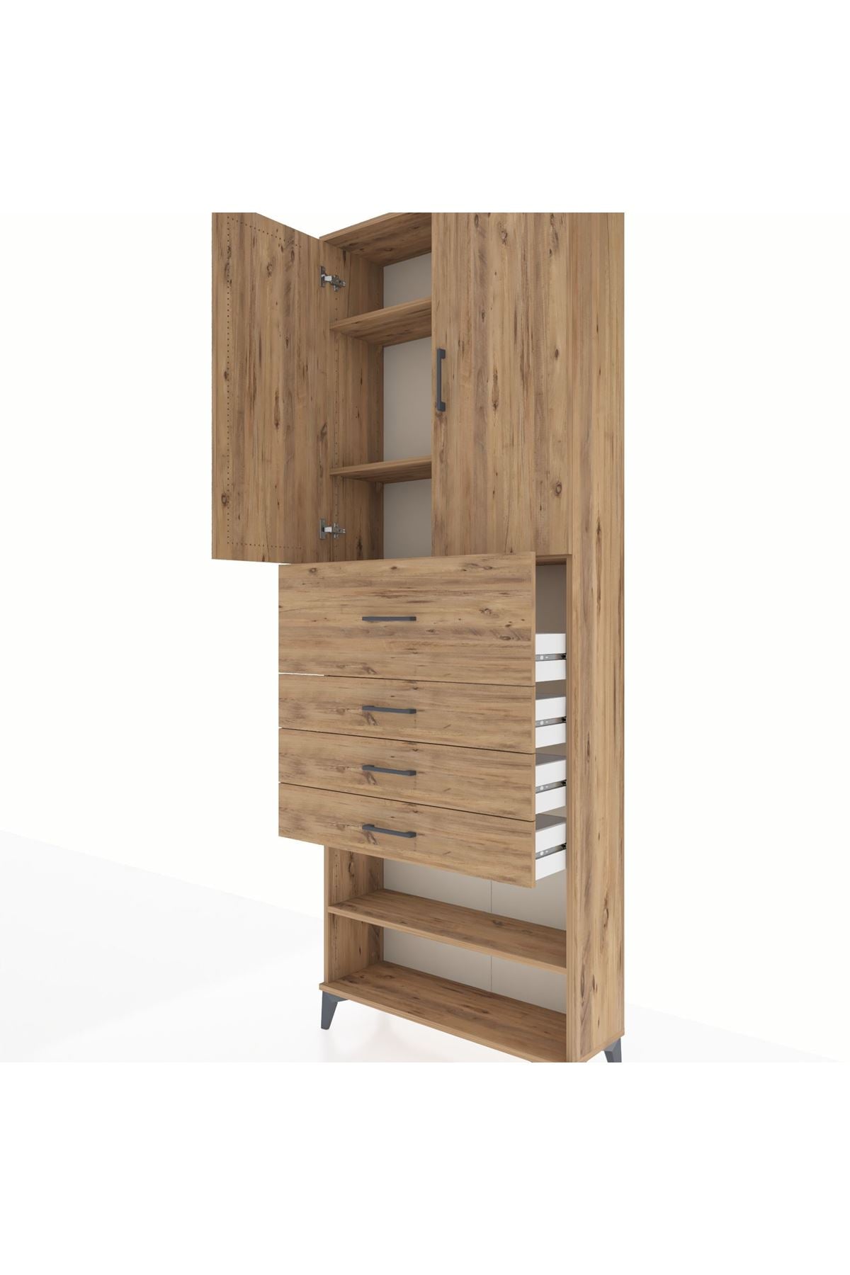 Arges Dolap 4 Raflı 4 Çekmeceli 2 Kapaklı 88x30x243 Çam-Çam