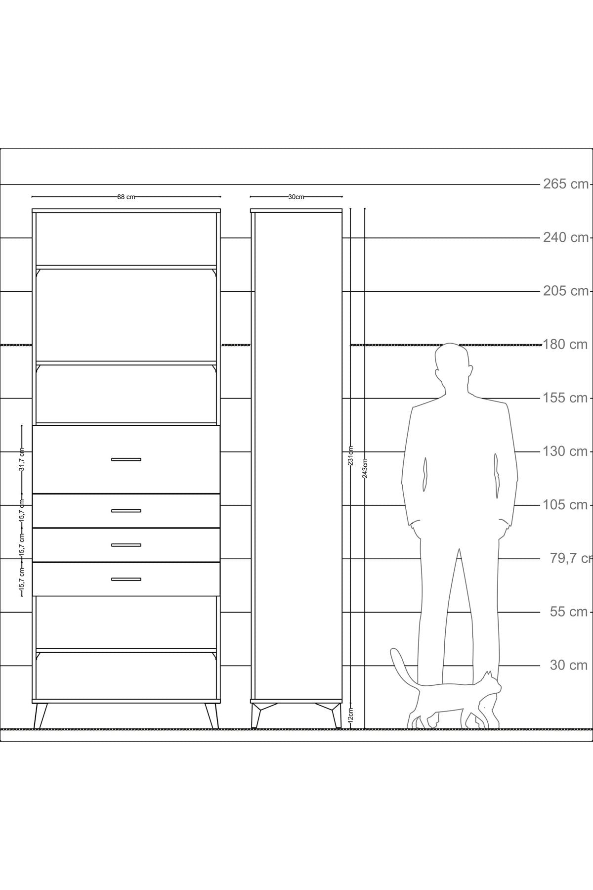 Arges Dolap 4 Raflı 4 Çekmeceli 88x30x243 Antrasit-Çam