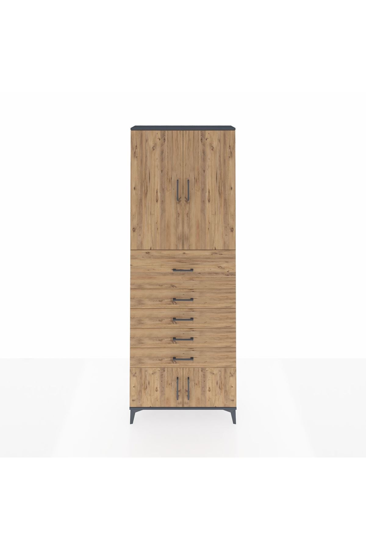 Arges Dolap 3 Raflı 5 Çekmeceli 4 Kapaklı 88x30x243 Antrasit-Çam