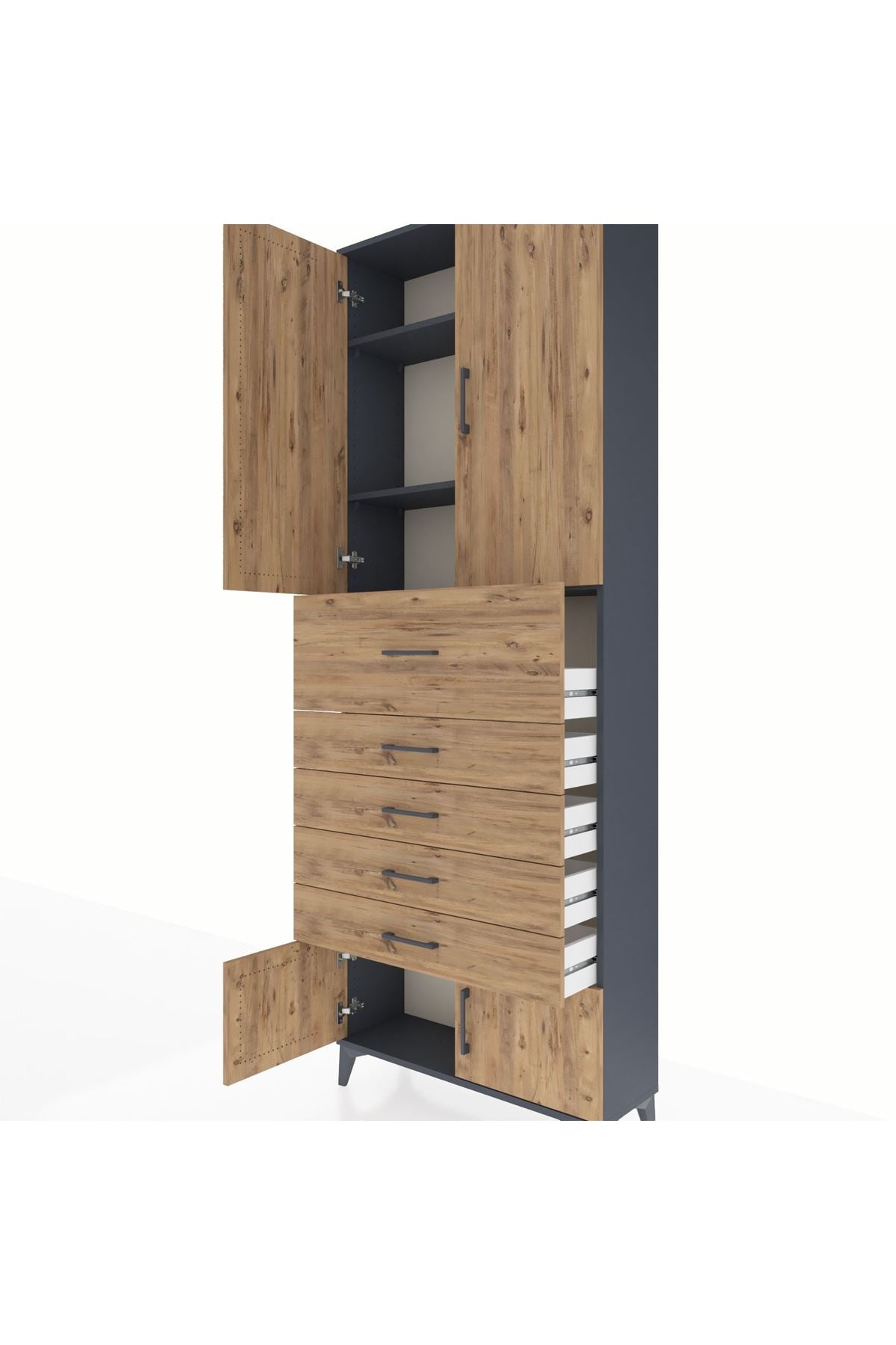 Arges Dolap 3 Raflı 5 Çekmeceli 4 Kapaklı 88x30x243 Antrasit-Çam