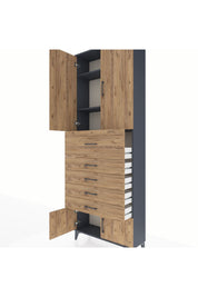 Arges Dolap 3 Raflı 5 Çekmeceli 4 Kapaklı 88x30x243 Antrasit-Çam