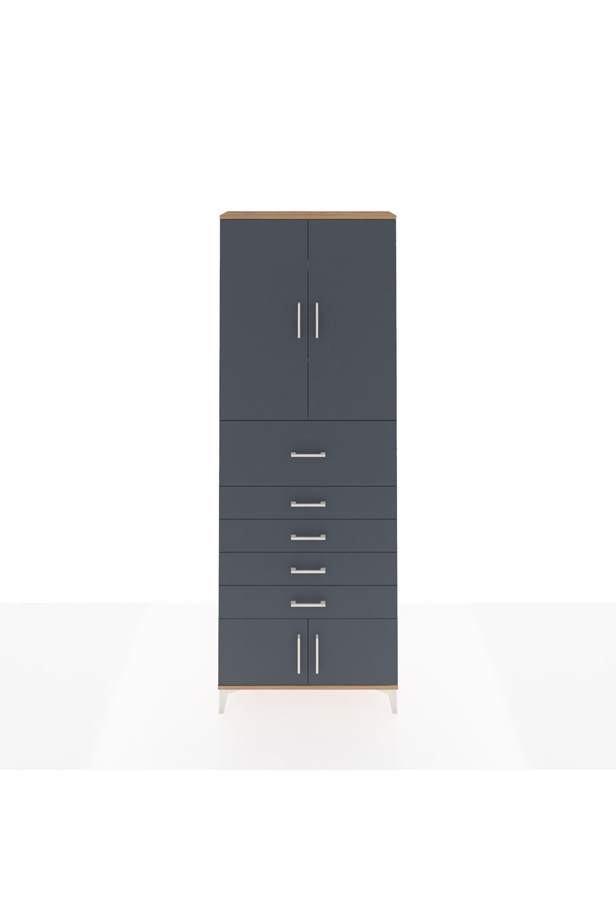 Arges Dolap 3 Raflı 5 Çekmeceli 4 Kapaklı 88x30x243 Çam-Antrasit