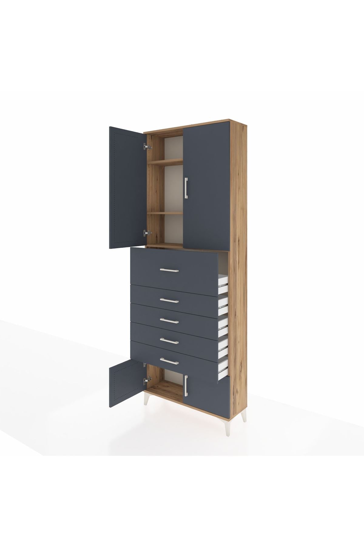 Arges Dolap 3 Raflı 5 Çekmeceli 4 Kapaklı 88x30x243 Çam-Antrasit