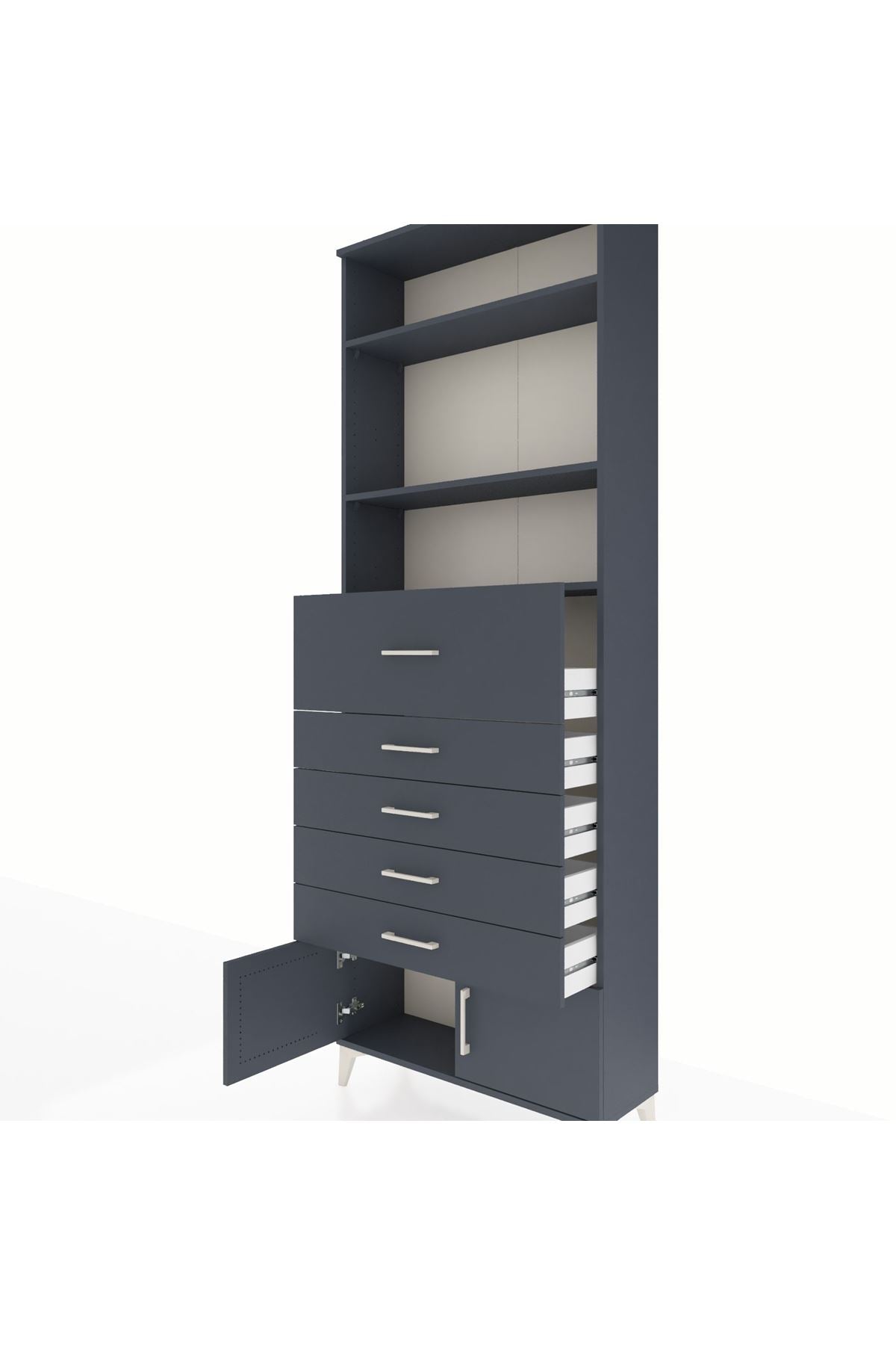 Arges Dolap 3 Raflı 5 Çekmeceli 2 Kapaklı 88x30x243 Antrasit-Antrasit