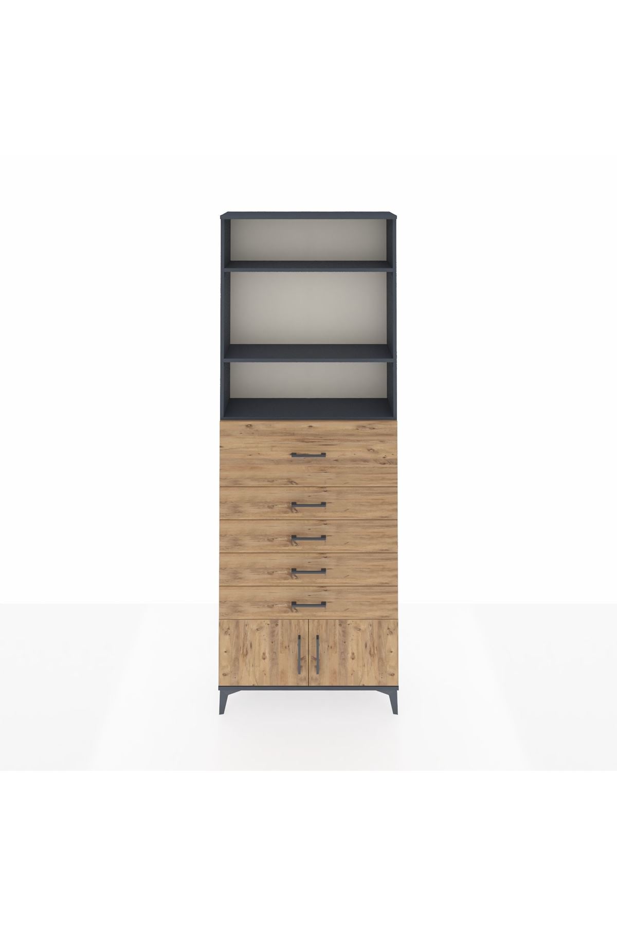 Arges Dolap 3 Raflı 5 Çekmeceli 2 Kapaklı 88x30x243 Antrasit-Çam