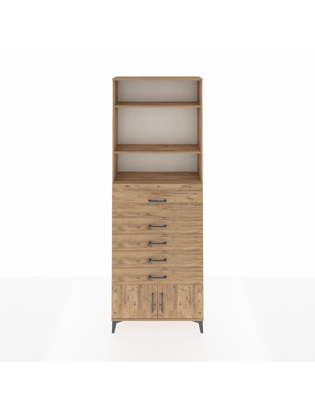 Arges Dolap 3 Raflı 5 Çekmeceli 2 Kapaklı 88x30x243 Çam-Çam