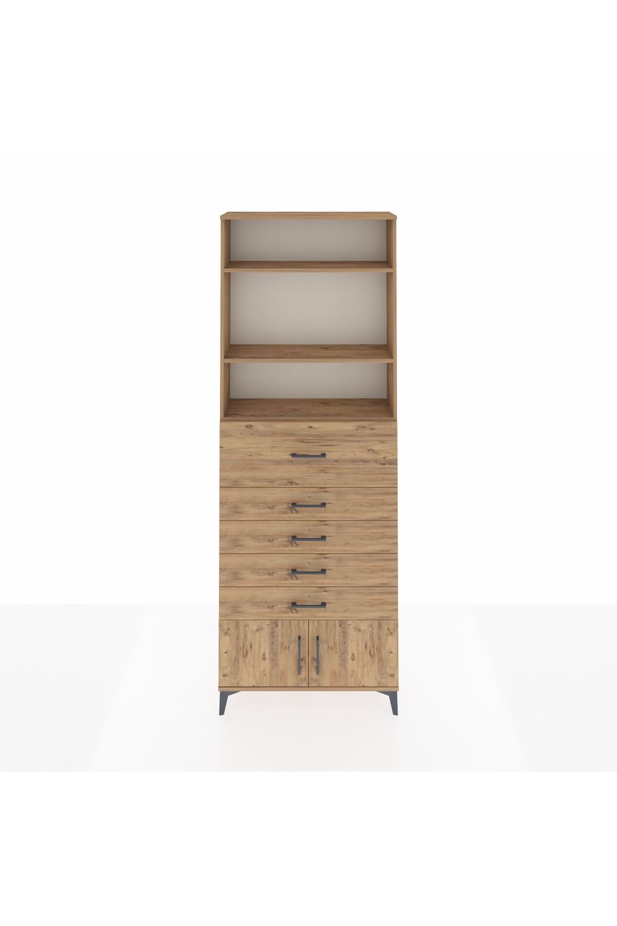 Arges Dolap 3 Raflı 5 Çekmeceli 2 Kapaklı 88x30x243 Çam-Çam