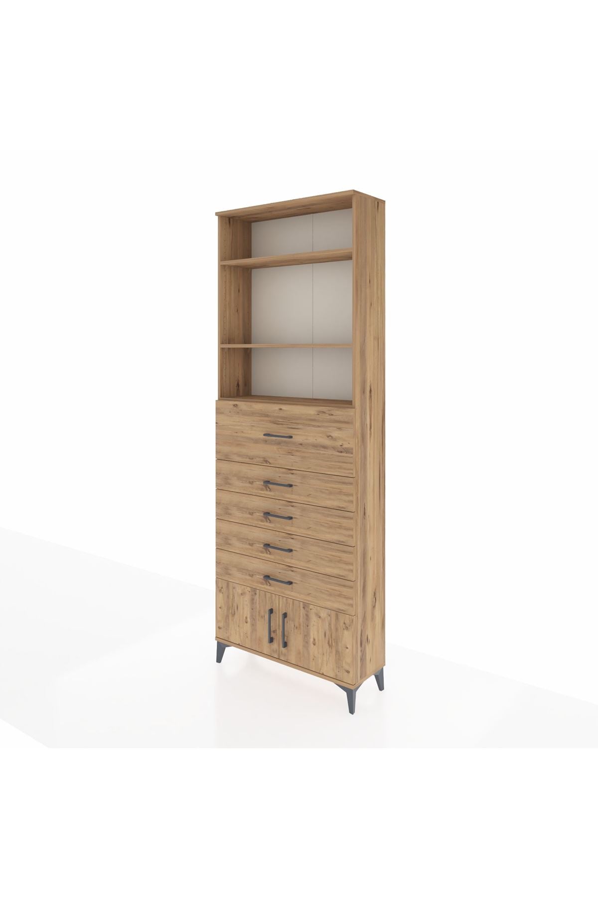 Arges Dolap 3 Raflı 5 Çekmeceli 2 Kapaklı 88x30x243 Çam-Çam