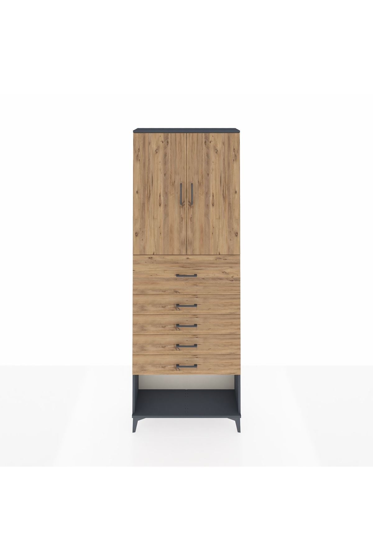 Arges Dolap 3 Raflı 5 Çekmeceli 2 Kapaklı 88x30x243 Antrasit-Çam