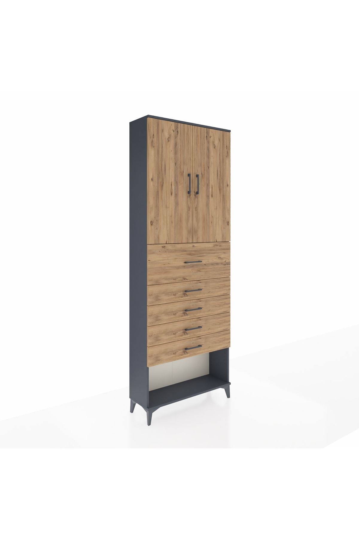 Arges Dolap 3 Raflı 5 Çekmeceli 2 Kapaklı 88x30x243 Antrasit-Çam