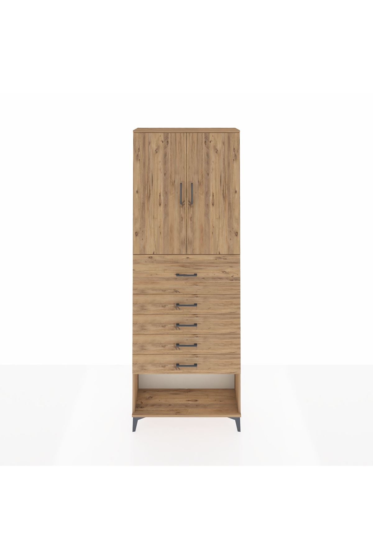 Arges Dolap 3 Raflı 5 Çekmeceli 2 Kapaklı 88x30x243 Çam-Çam