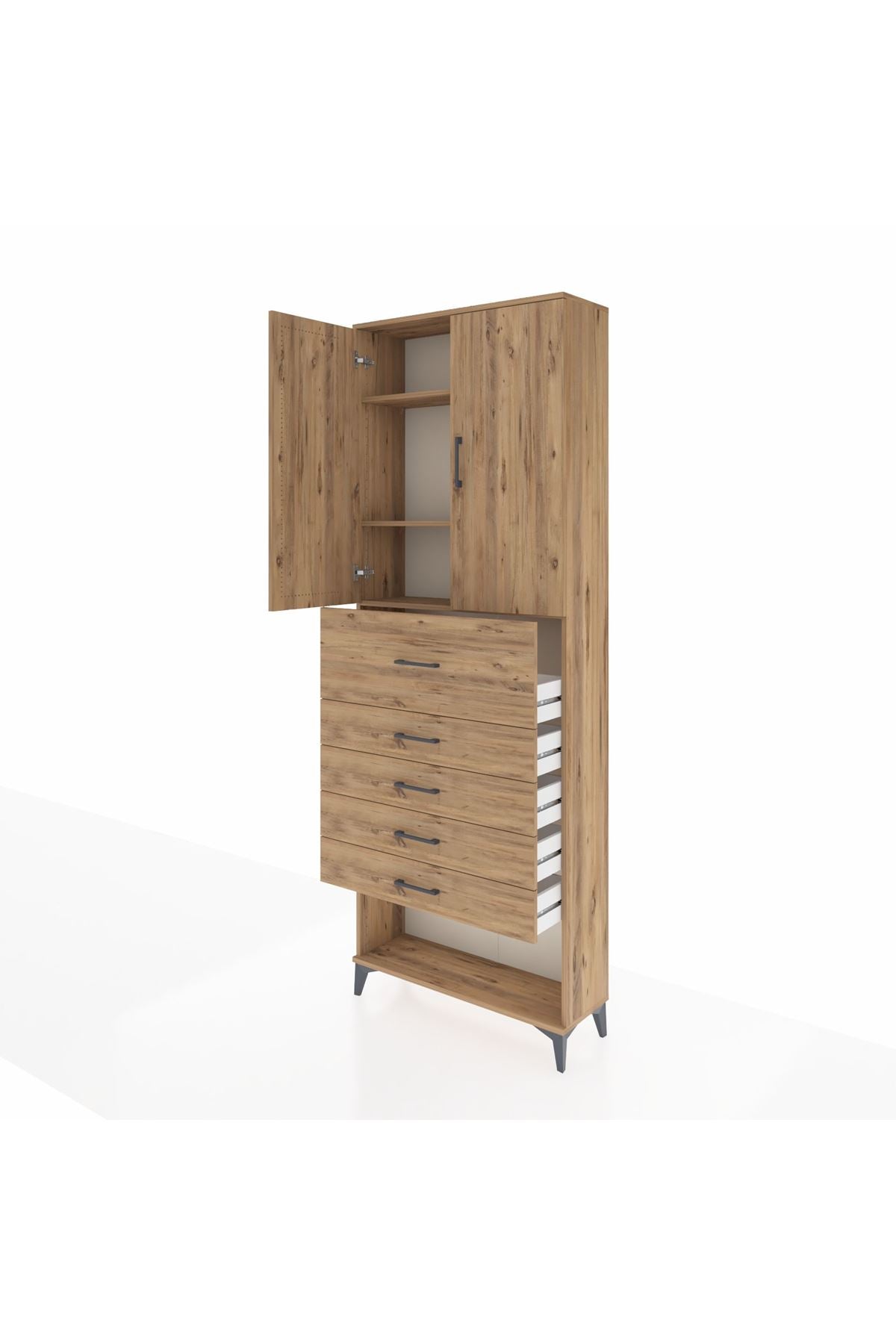 Arges Dolap 3 Raflı 5 Çekmeceli 2 Kapaklı 88x30x243 Çam-Çam