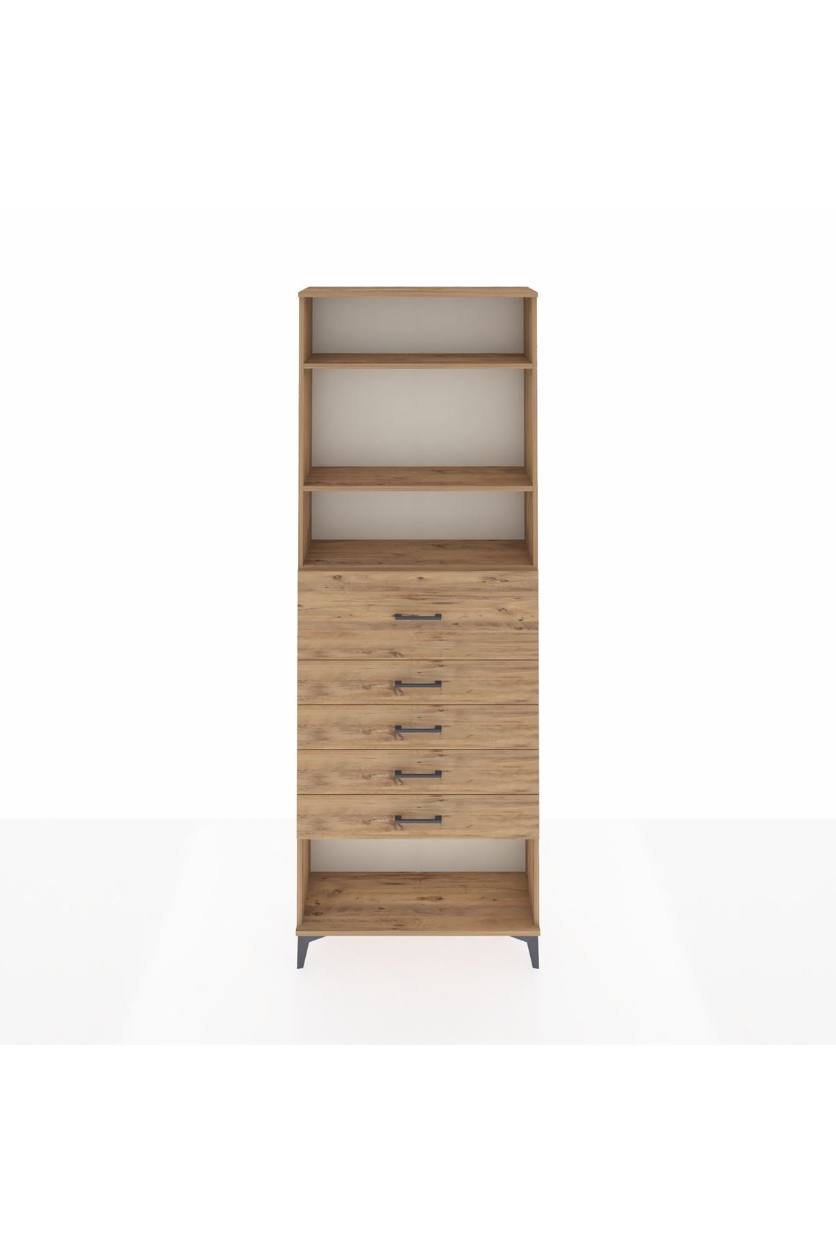 Arges Dolap 3 Raflı 5 Çekmeceli 88x30x243 Çam-Çam