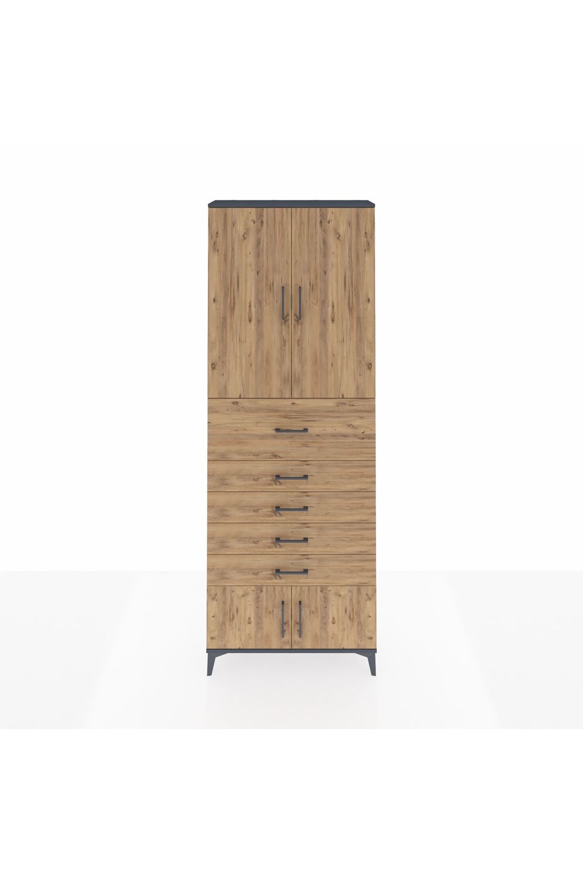 Arges Dolap 3 Raflı 5 Çekmeceli 4 Kapaklı 88x30x243 Antrasit-Çam