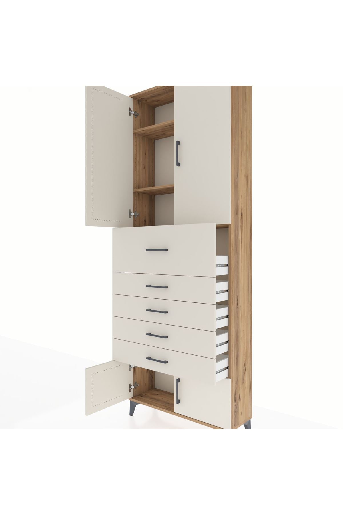 Arges Dolap 3 Raflı 5 Çekmeceli 4 Kapaklı 88x30x243 Çam-Aytaşı