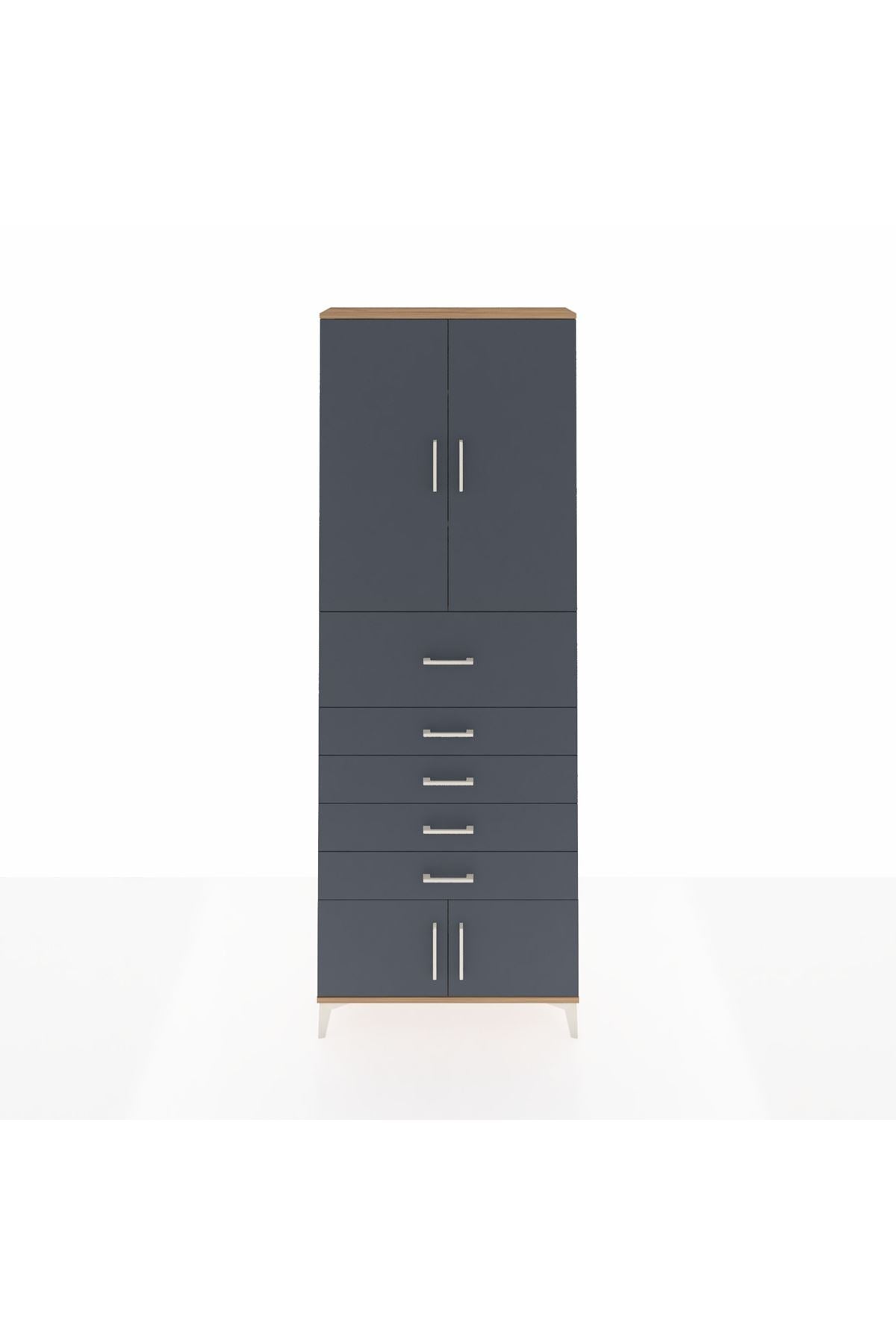 Arges Dolap 3 Raflı 5 Çekmeceli 4 Kapaklı 88x30x243 Çam-Antrasit