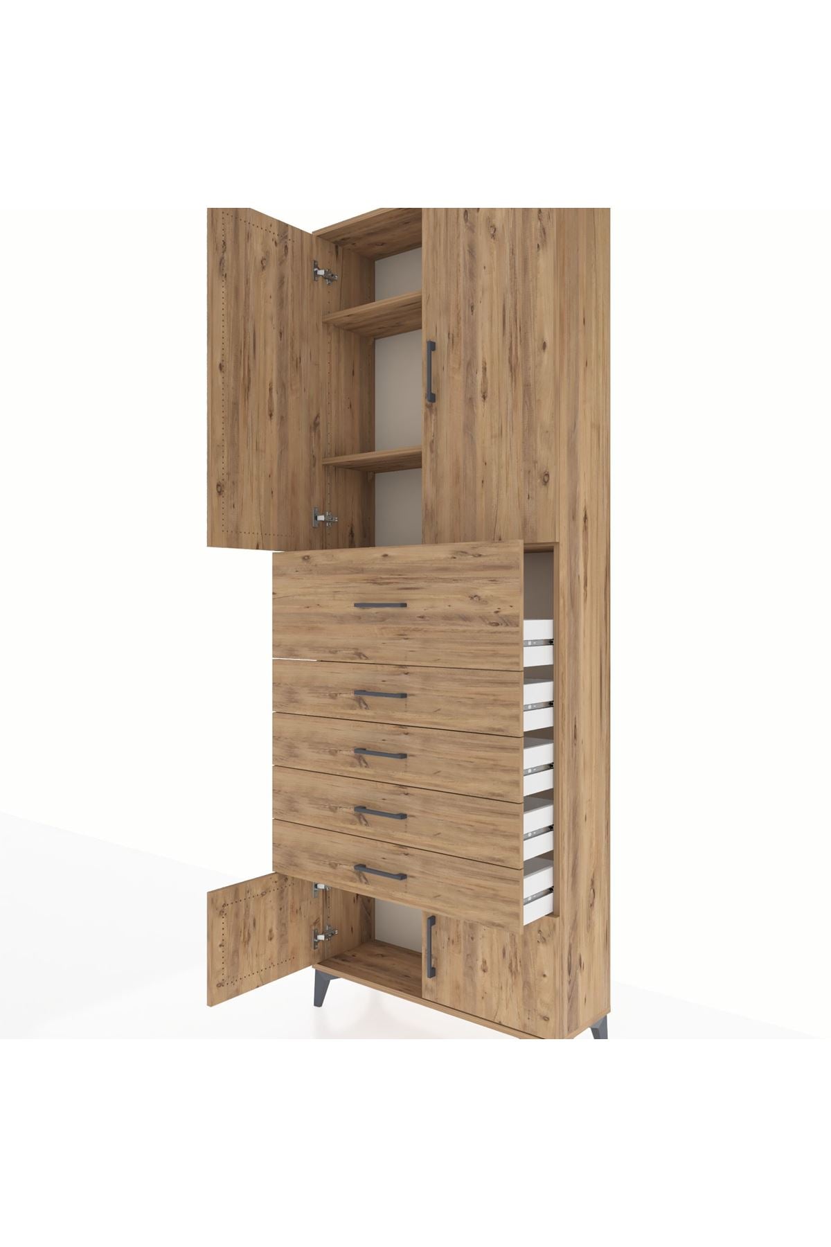 Arges Dolap 3 Raflı 5 Çekmeceli 4 Kapaklı 88x30x243 Çam-Çam