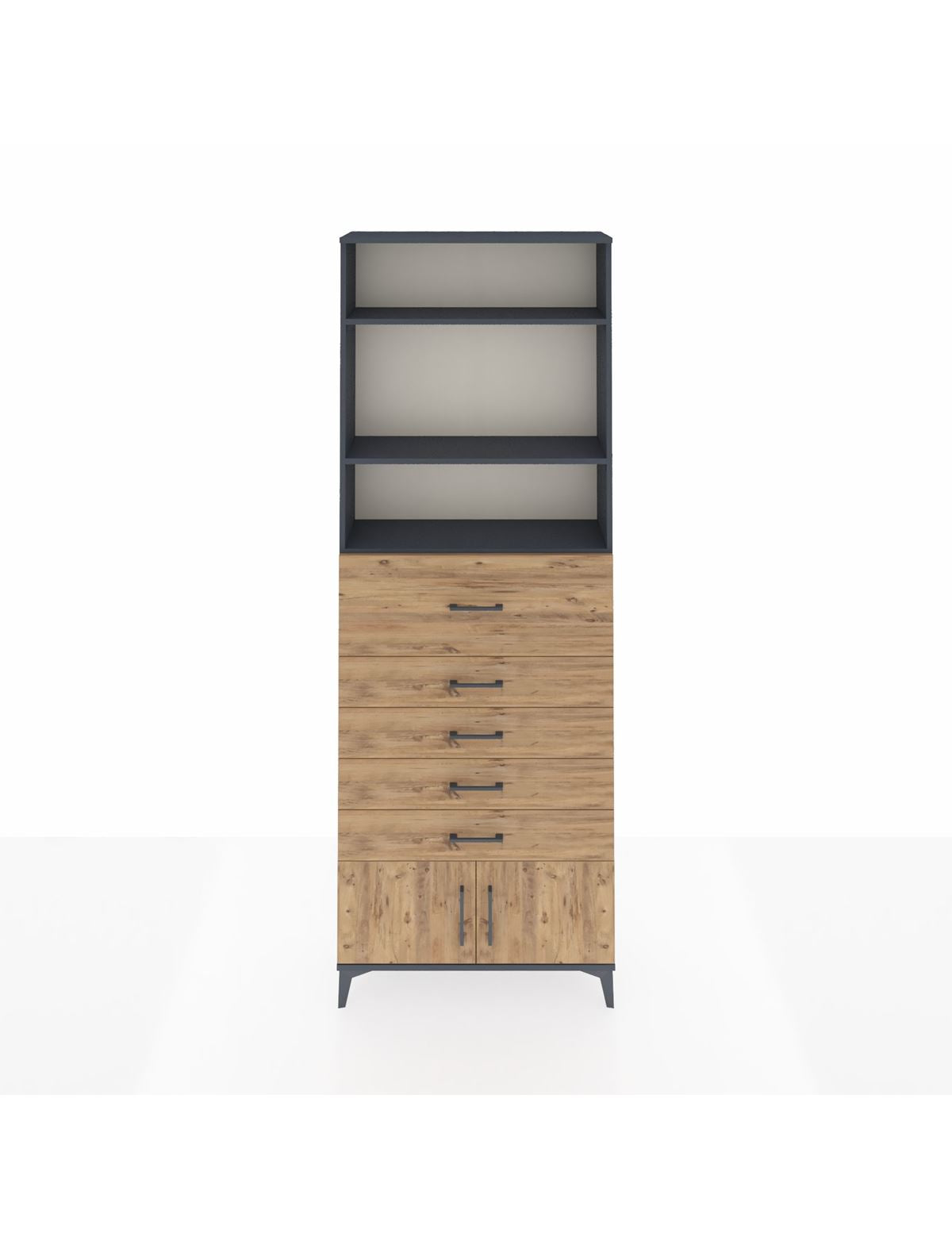 Arges Dolap 3 Raflı 5 Çekmeceli 2 Kapaklı 88x30x243 Antrasit-Çam