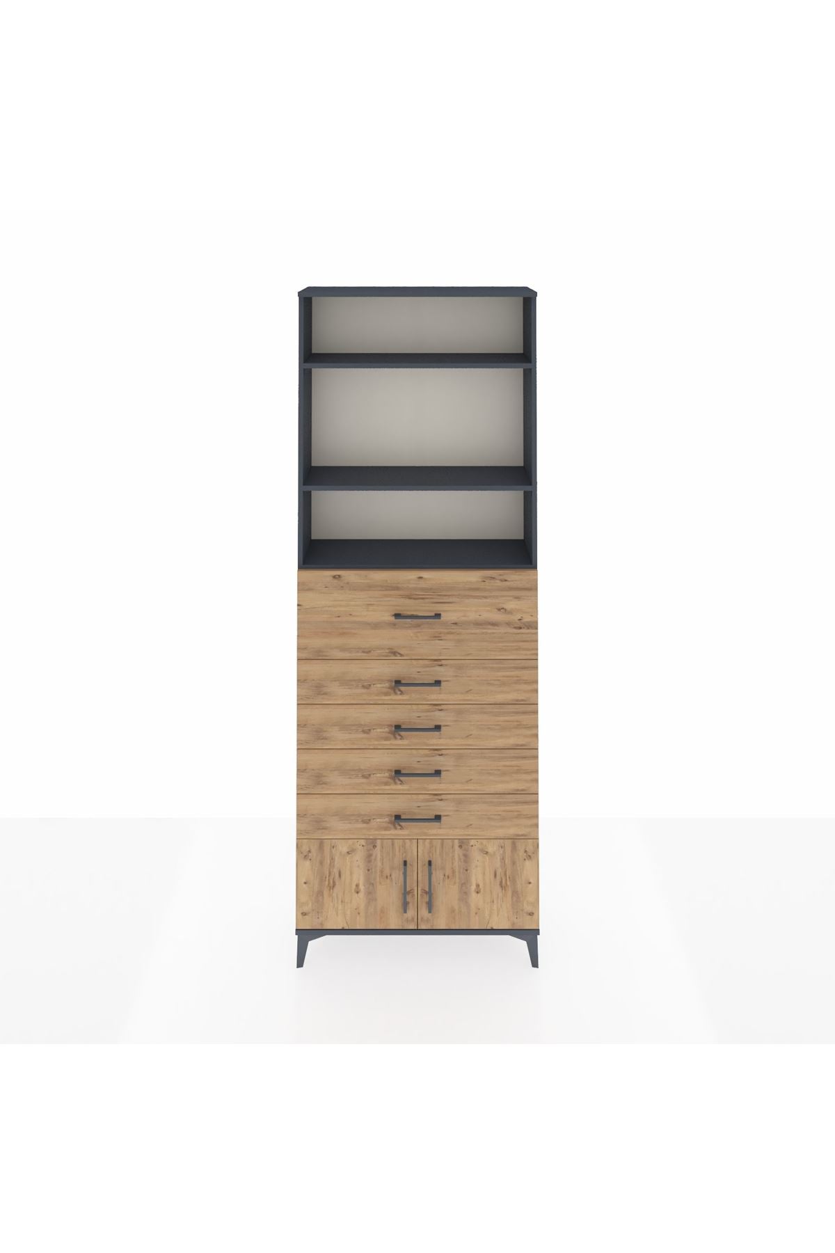 Arges Dolap 3 Raflı 5 Çekmeceli 2 Kapaklı 88x30x243 Antrasit-Çam