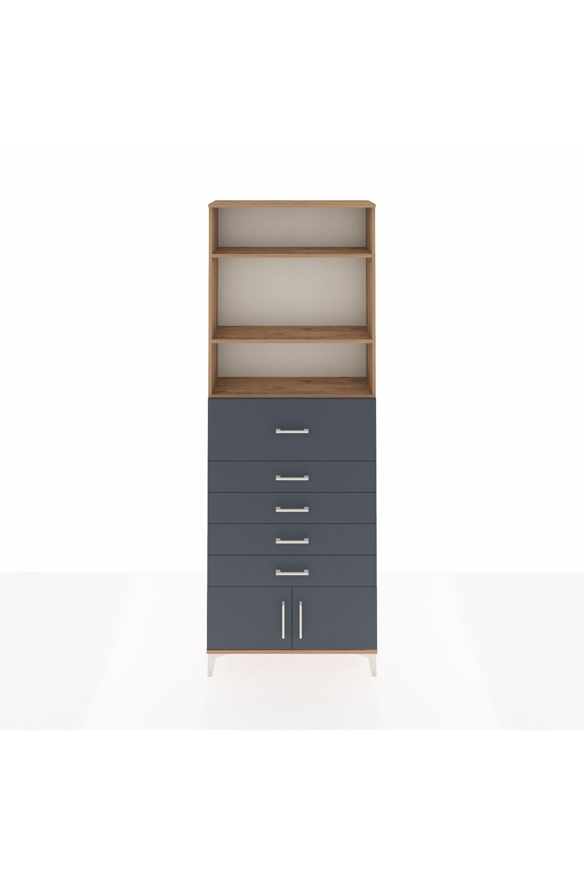 Arges Dolap 3 Raflı 5 Çekmeceli 2 Kapaklı 88x30x243 Çam-Antrasit