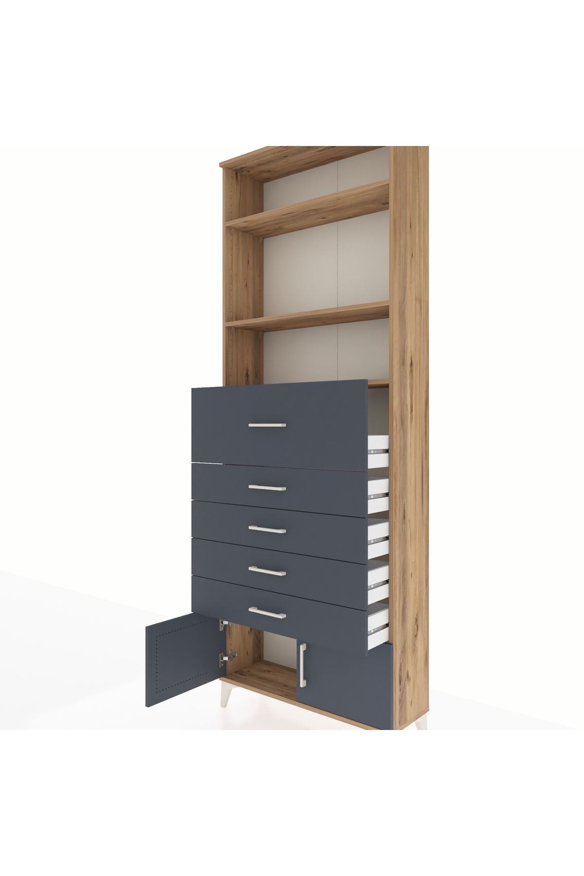 Arges Dolap 3 Raflı 5 Çekmeceli 2 Kapaklı 88x30x243 Çam-Antrasit