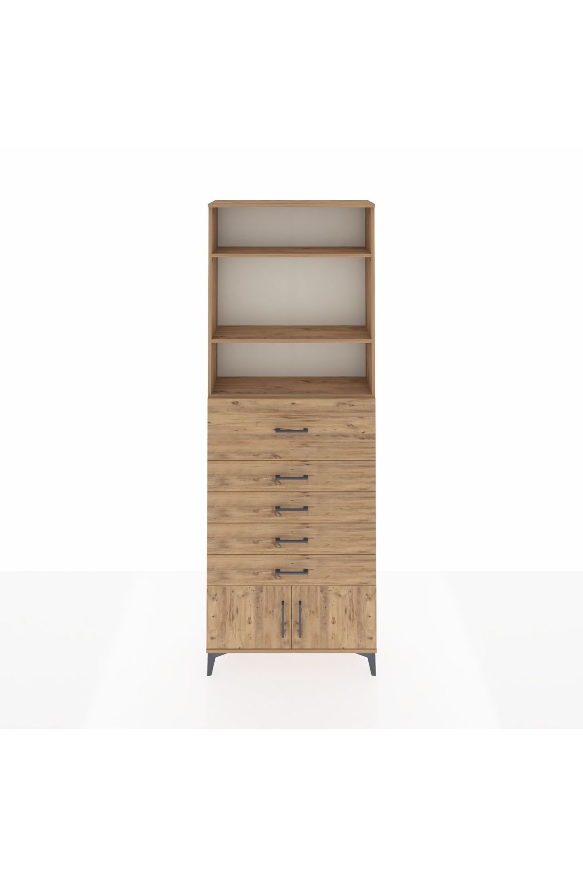 Arges Dolap 3 Raflı 5 Çekmeceli 2 Kapaklı 88x30x243 Çam-Çam