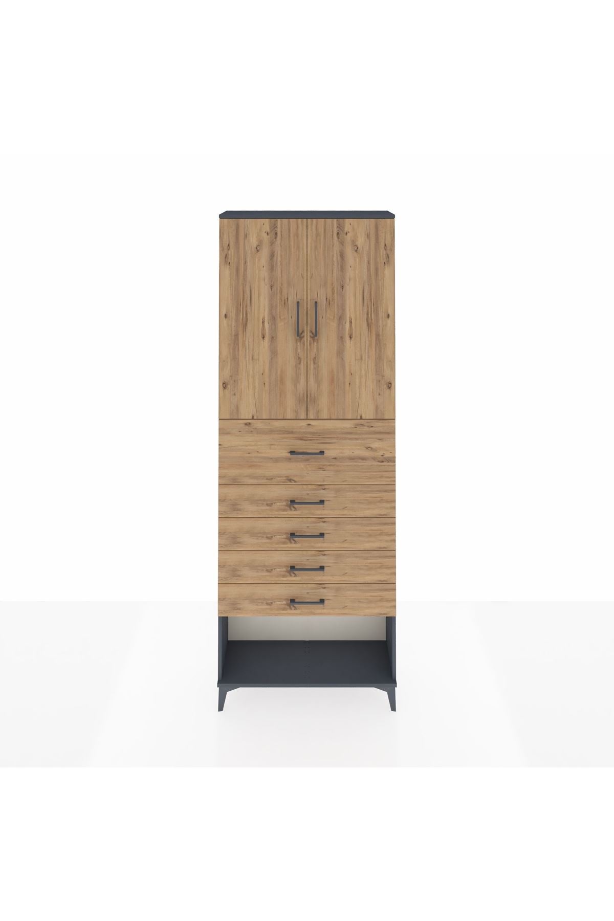 Arges Dolap 3 Raflı 5 Çekmeceli 2 Kapaklı 88x30x243 Antrasit-Çam