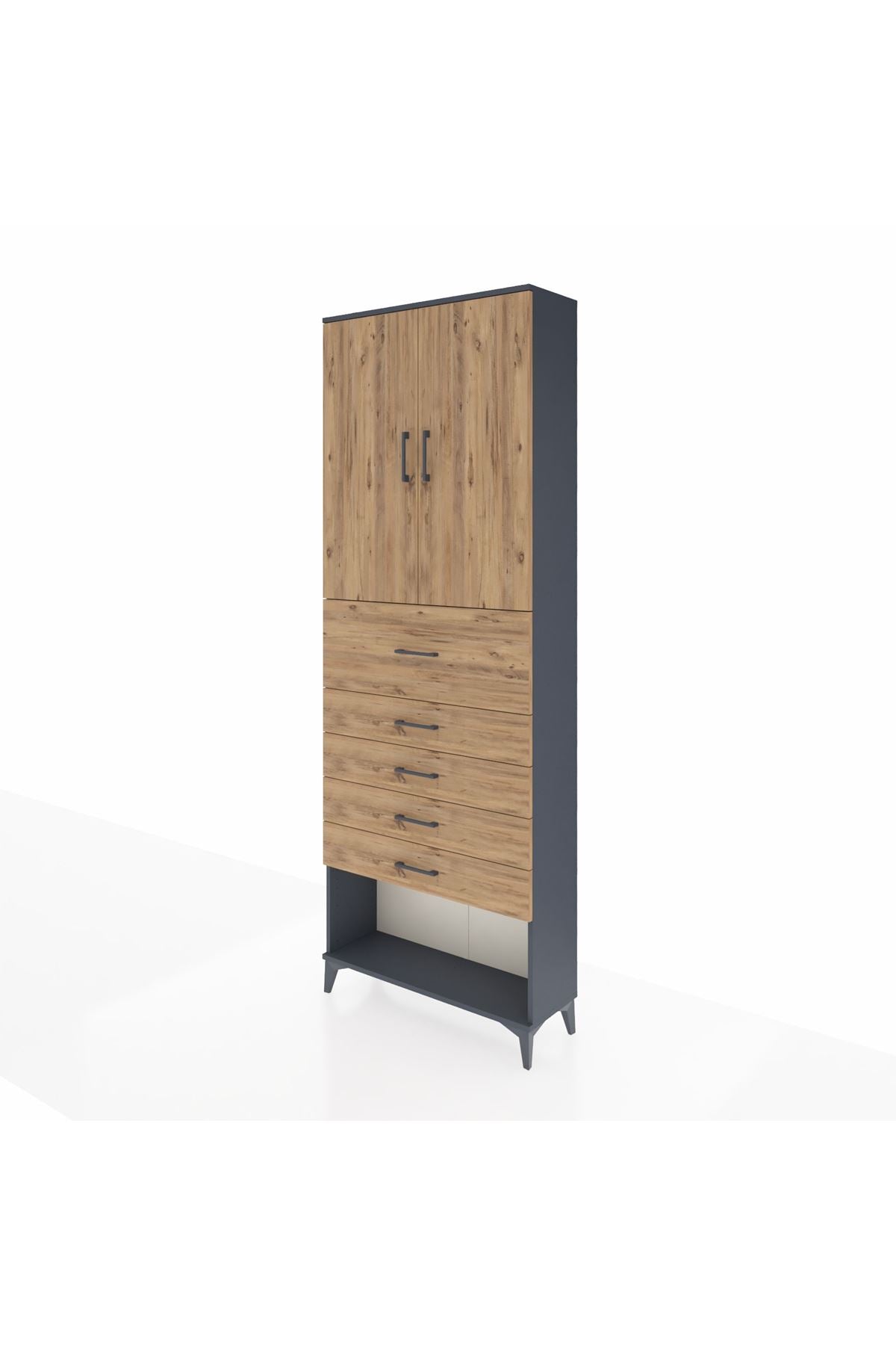 Arges Dolap 3 Raflı 5 Çekmeceli 2 Kapaklı 88x30x243 Antrasit-Çam