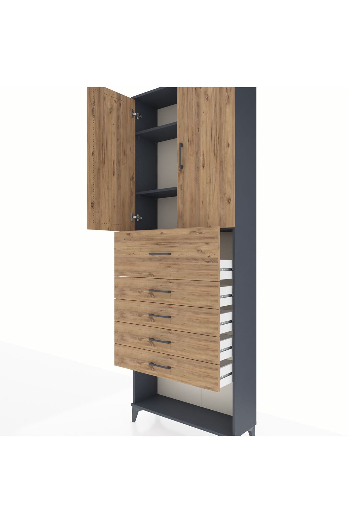 Arges Dolap 3 Raflı 5 Çekmeceli 2 Kapaklı 88x30x243 Antrasit-Çam