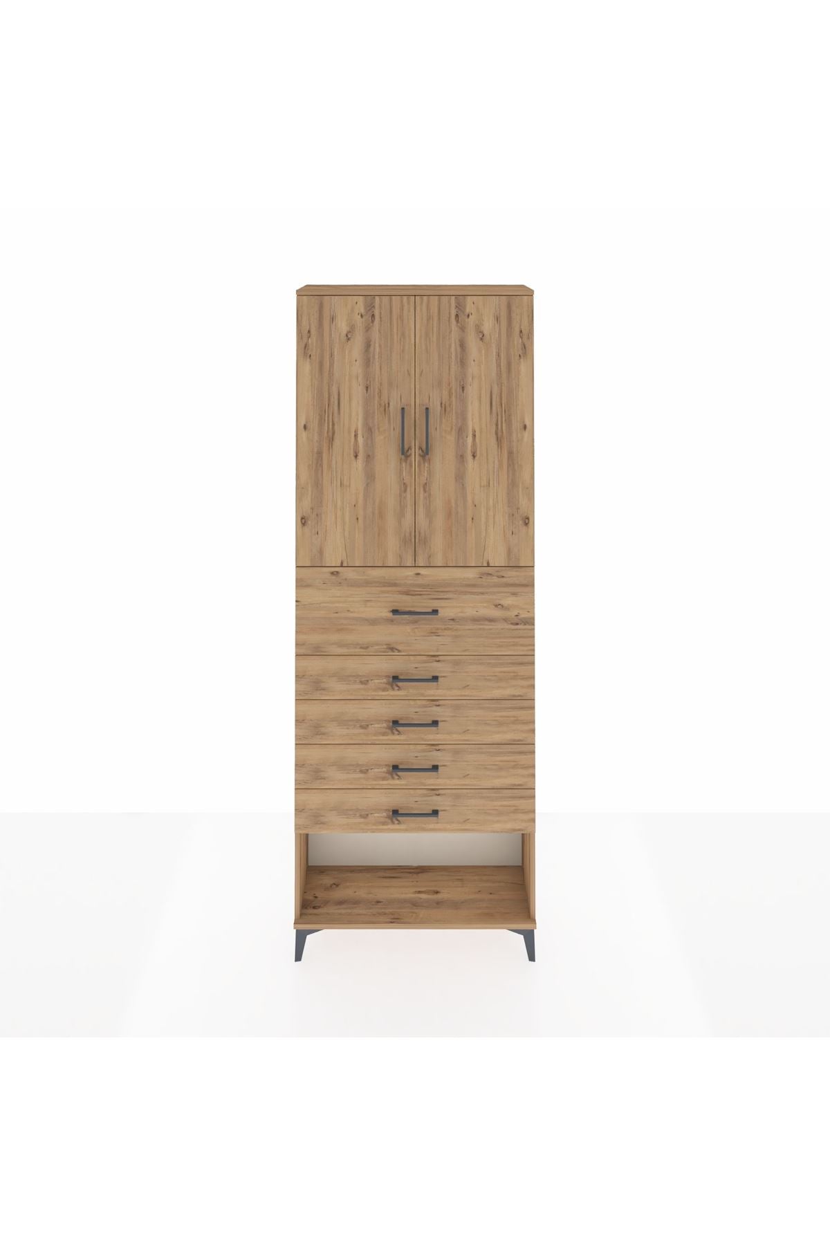 Arges Dolap 3 Raflı 5 Çekmeceli 2 Kapaklı 88x30x243 Çam-Çam