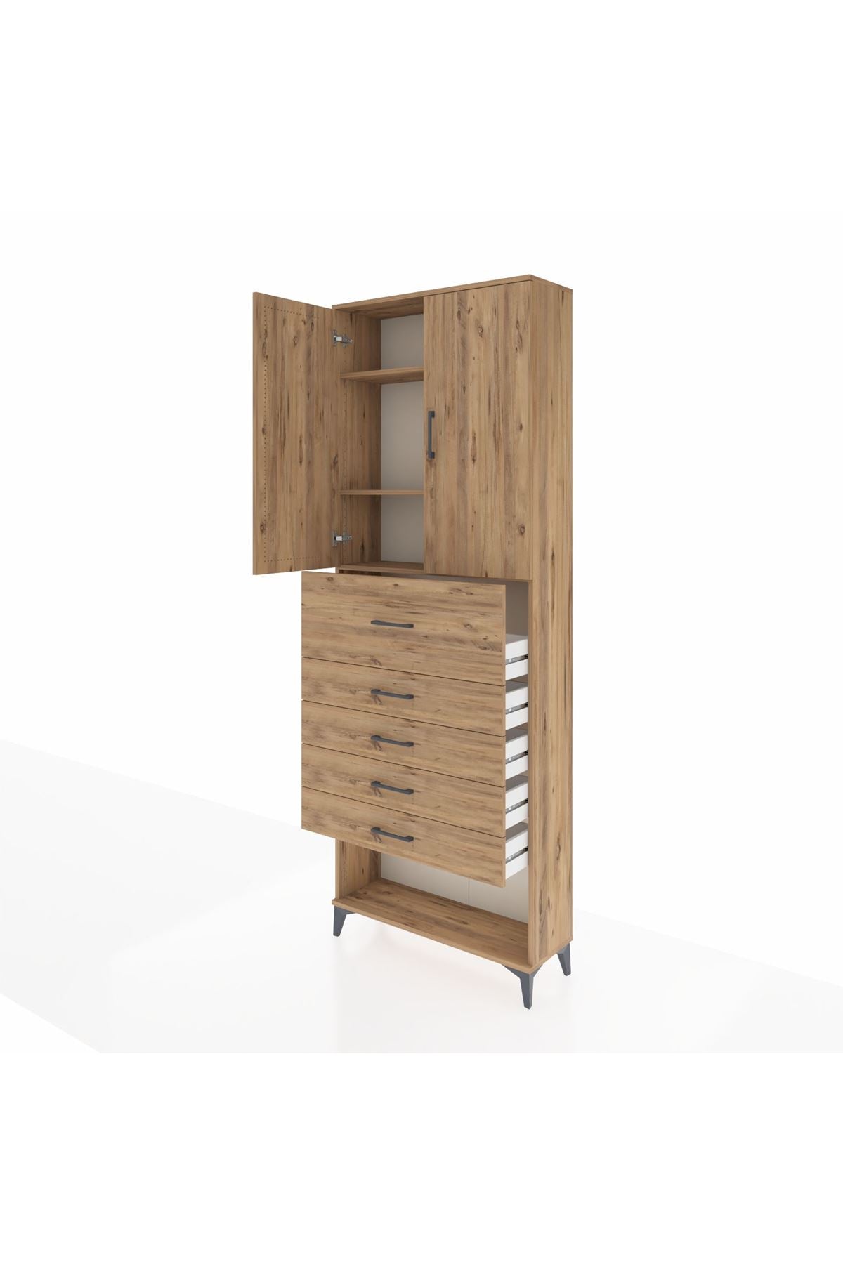 Arges Dolap 3 Raflı 5 Çekmeceli 2 Kapaklı 88x30x243 Çam-Çam