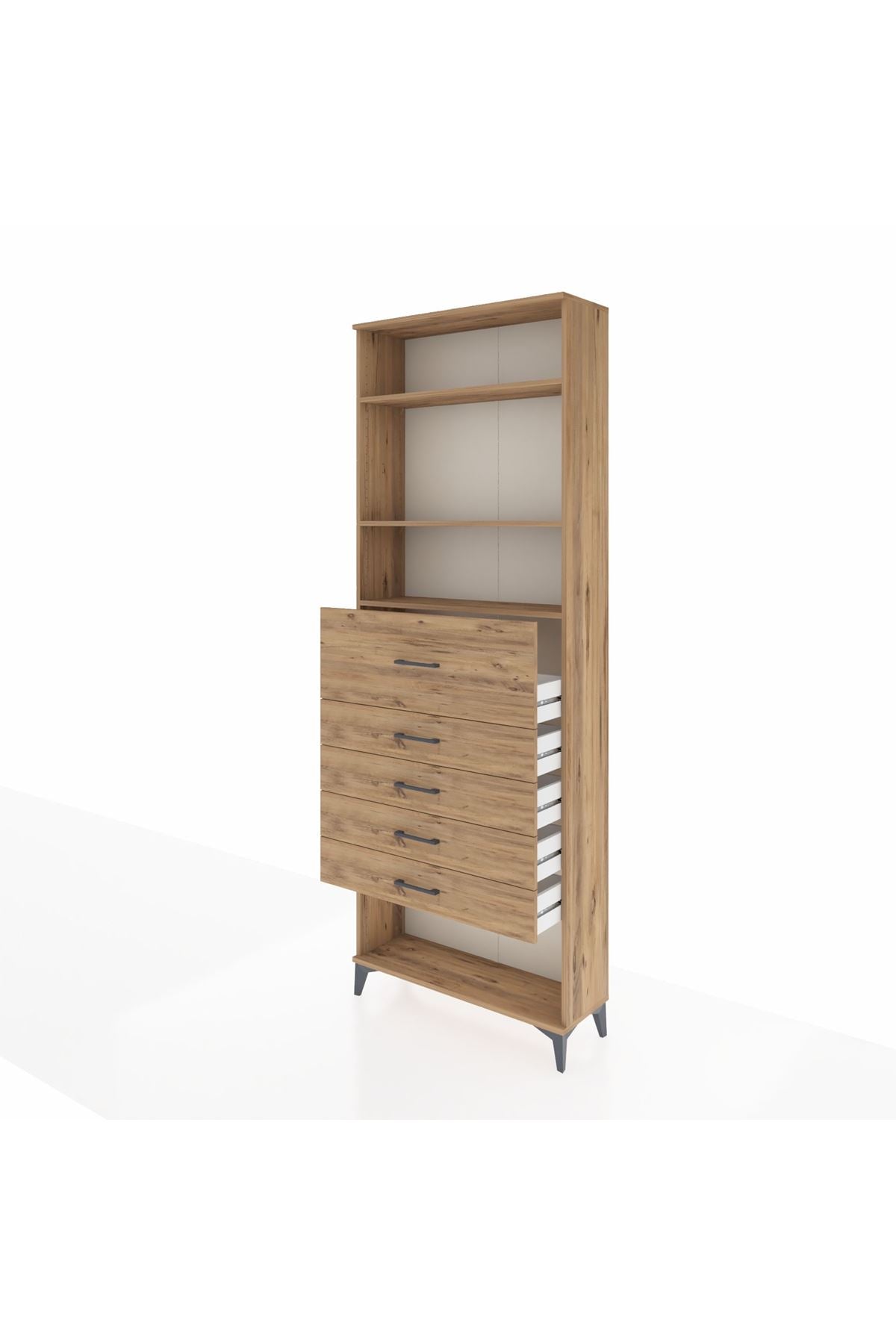 Arges Dolap 3 Raflı 5 Çekmeceli 88x30x243 Çam-Çam