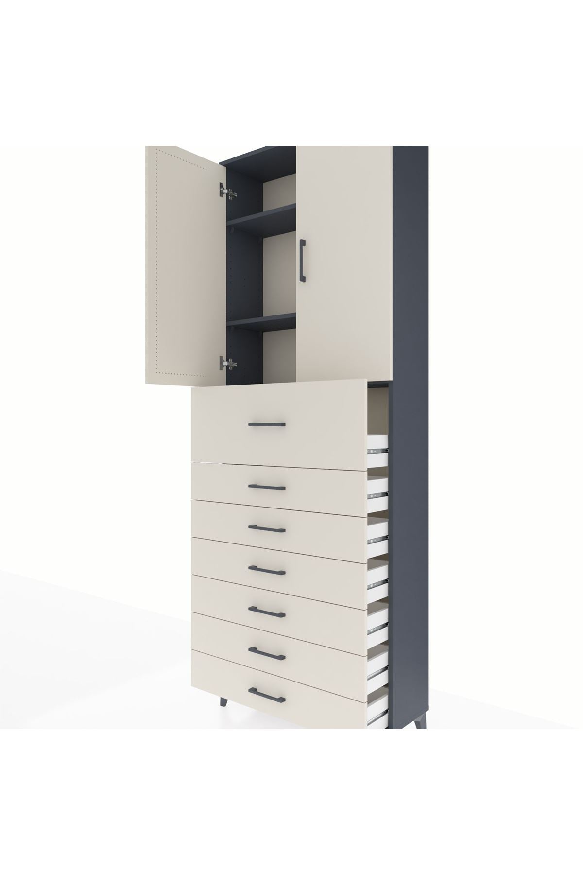 Arges Dolap 3 Raflı 7 Çekmeceli 2 Kapaklı 88x30x243 Antrasit-Aytaşı