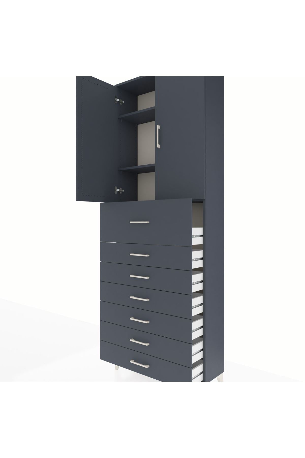 Arges Dolap 3 Raflı 7 Çekmeceli 2 Kapaklı 88x30x243 Antrasit-Antrasit