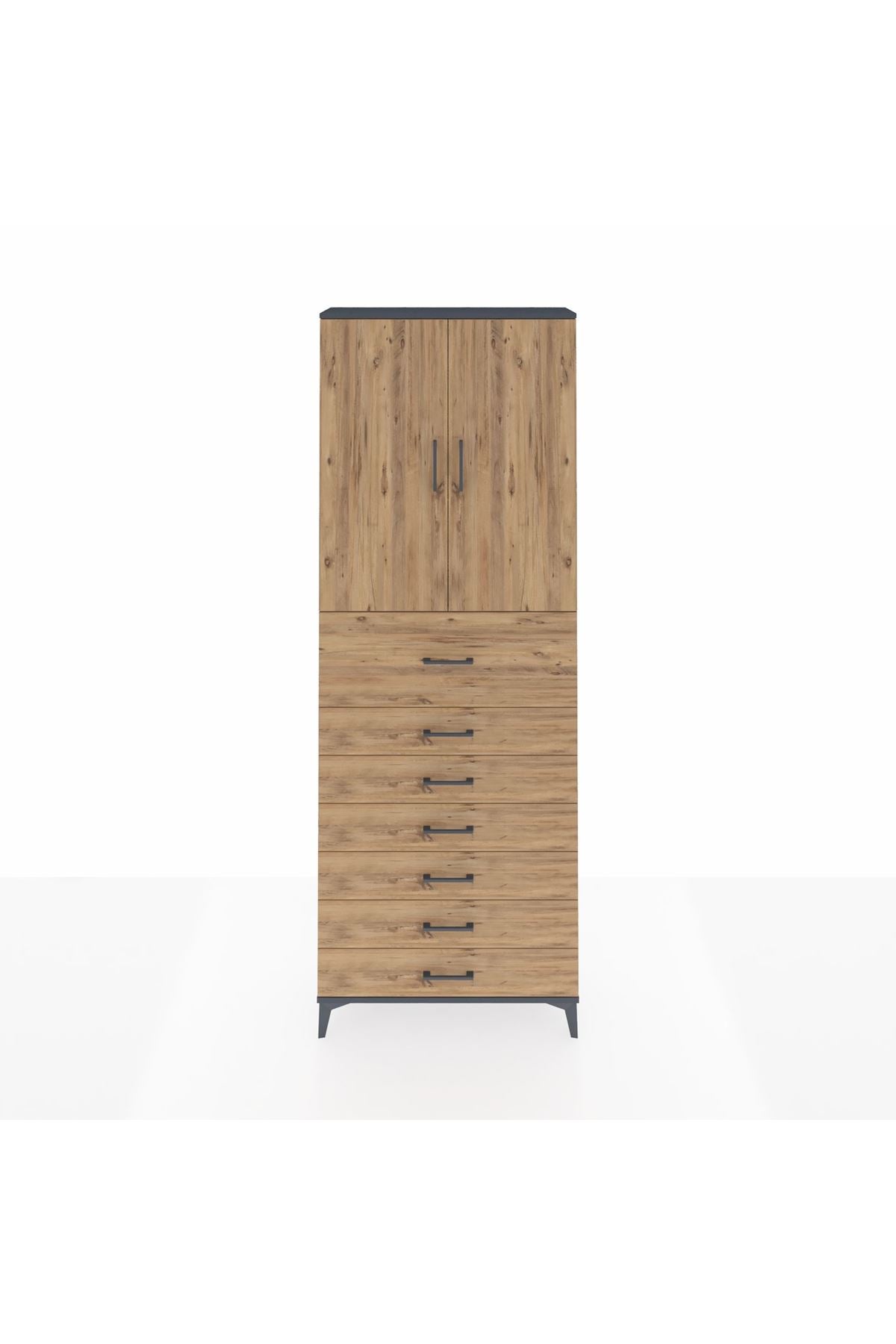 Arges Dolap 3 Raflı 7 Çekmeceli 2 Kapaklı 88x30x243 Antrasit-Çam