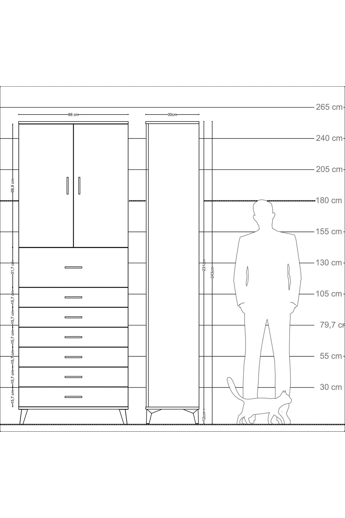 Arges Dolap 3 Raflı 7 Çekmeceli 2 Kapaklı 88x30x243 Çam-Aytaşı