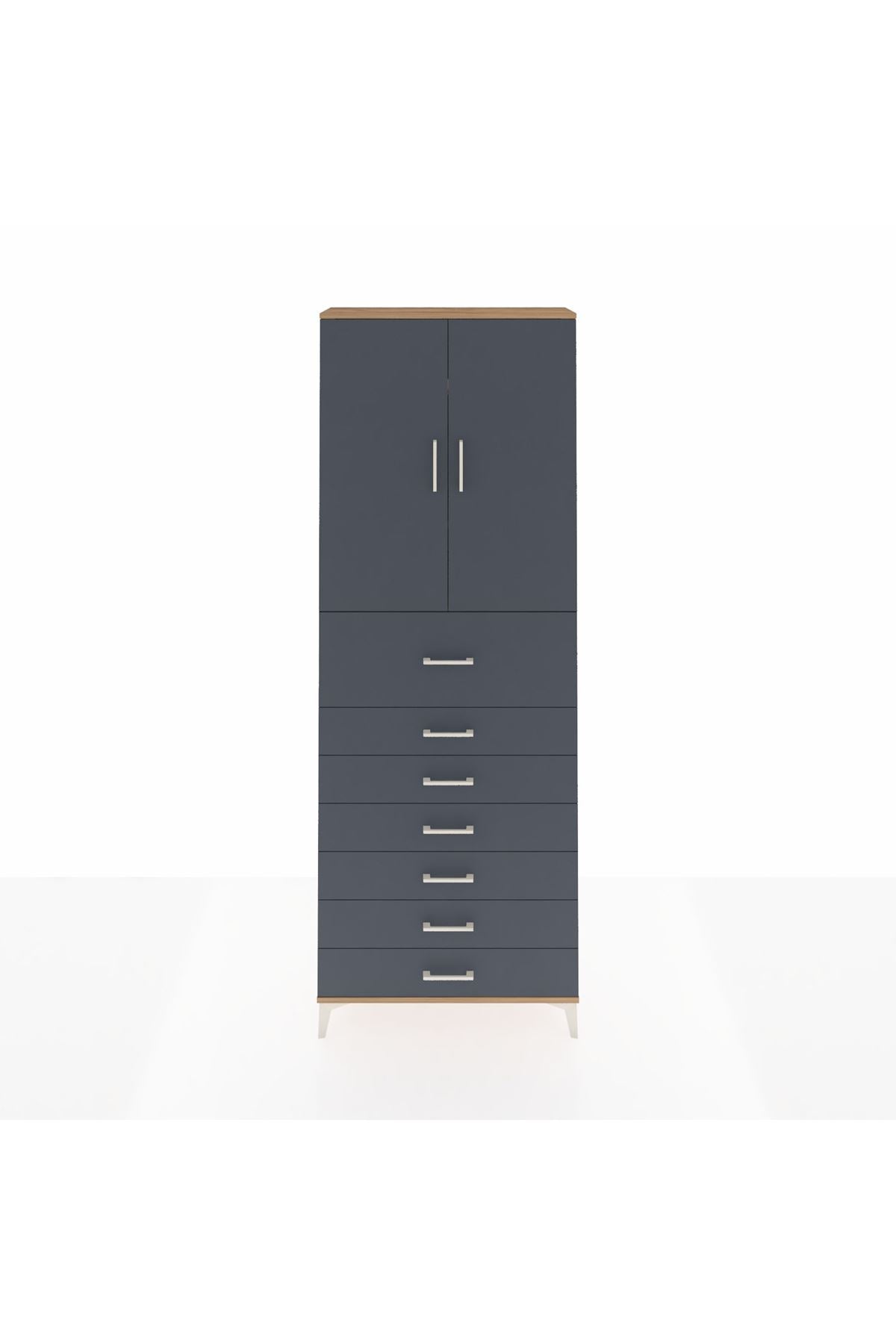 Arges Dolap 3 Raflı 7 Çekmeceli 2 Kapaklı 88x30x243 Çam-Antrasit