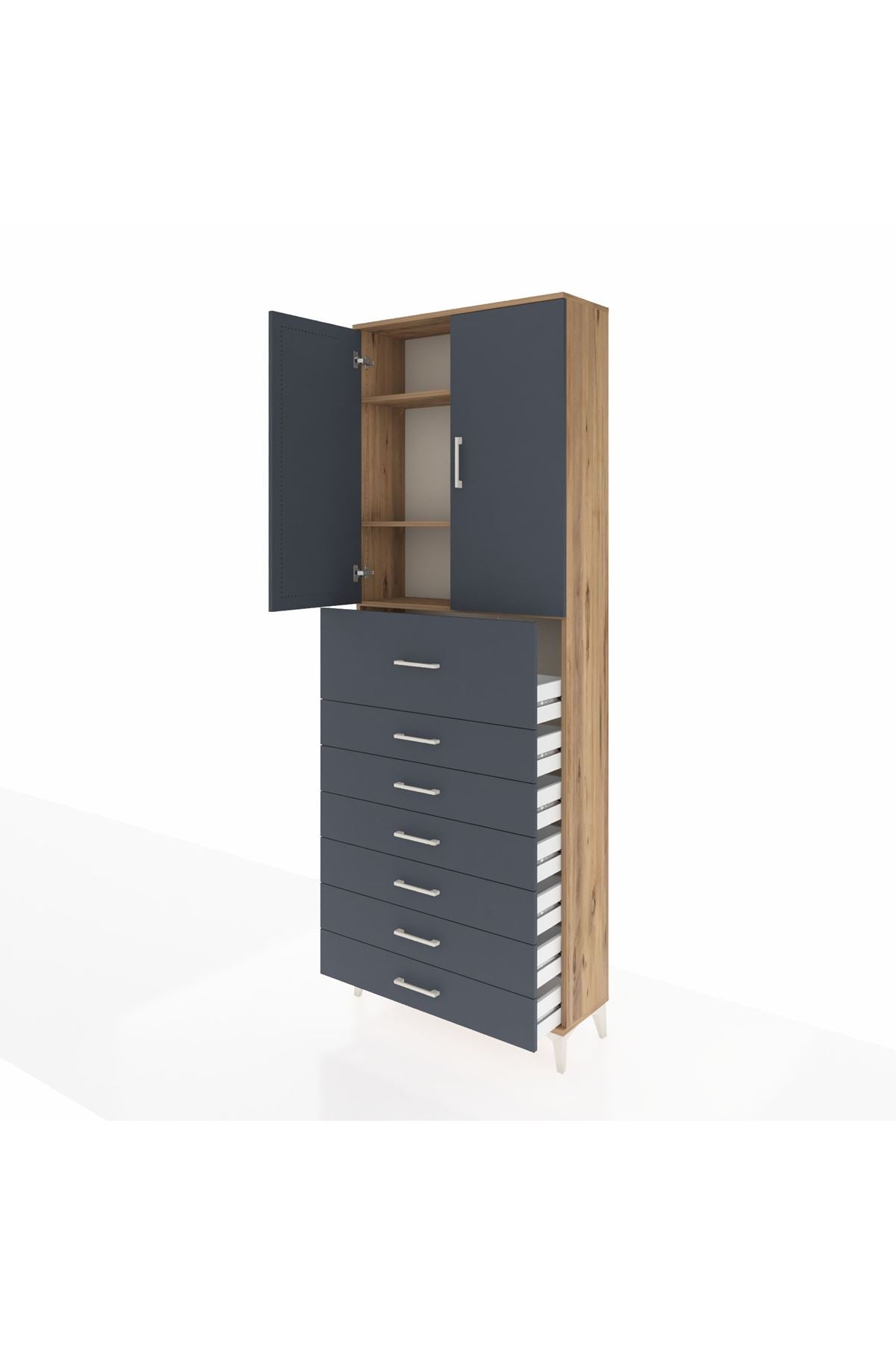 Arges Dolap 3 Raflı 7 Çekmeceli 2 Kapaklı 88x30x243 Çam-Antrasit