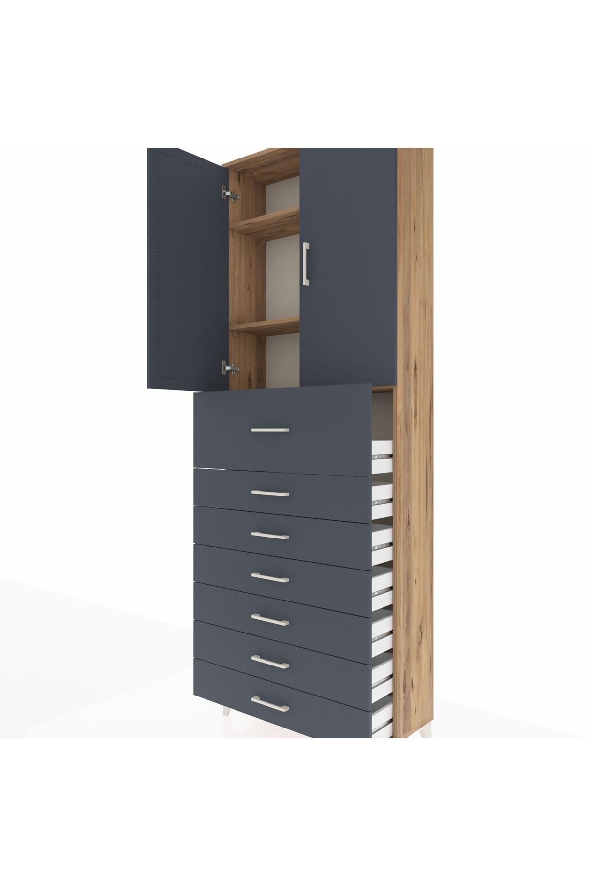 Arges Dolap 3 Raflı 7 Çekmeceli 2 Kapaklı 88x30x243 Çam-Antrasit