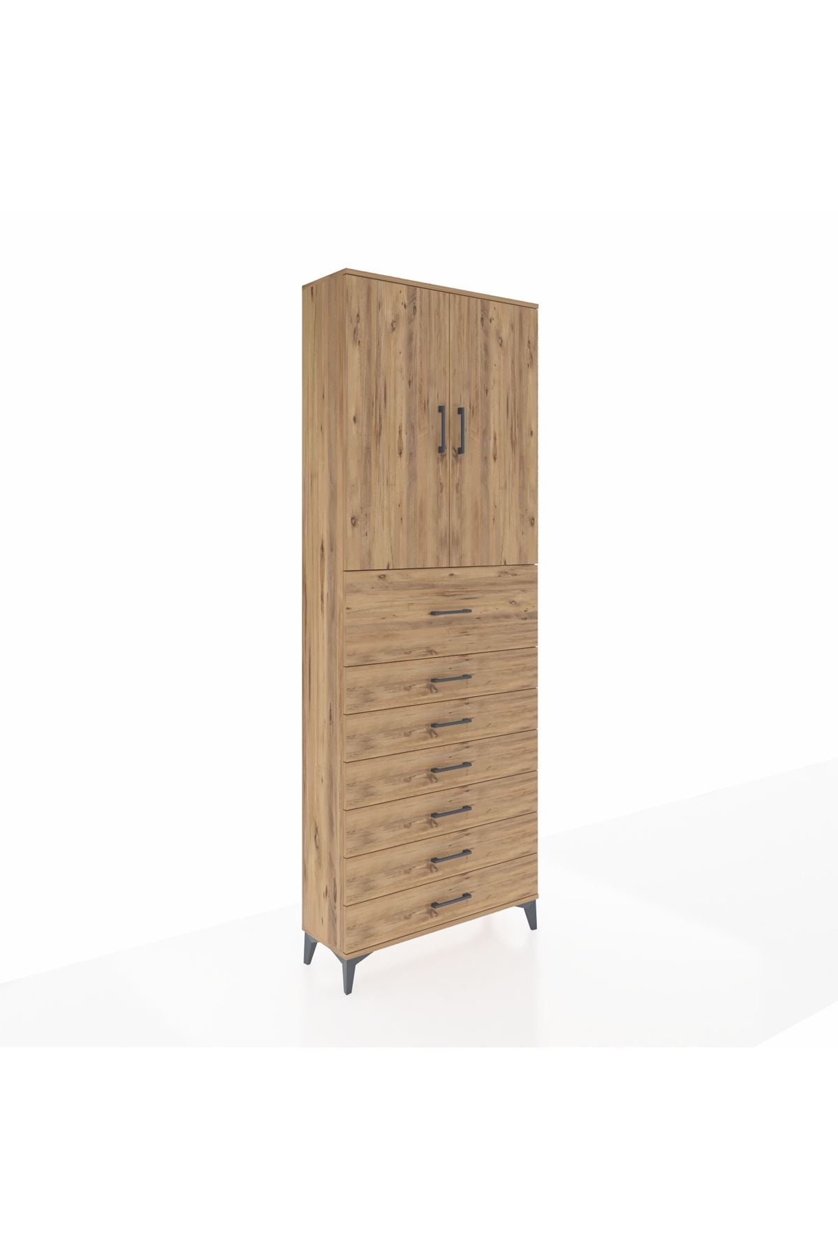 Arges Dolap 3 Raflı 7 Çekmeceli 2 Kapaklı 88x30x243 Çam-Çam