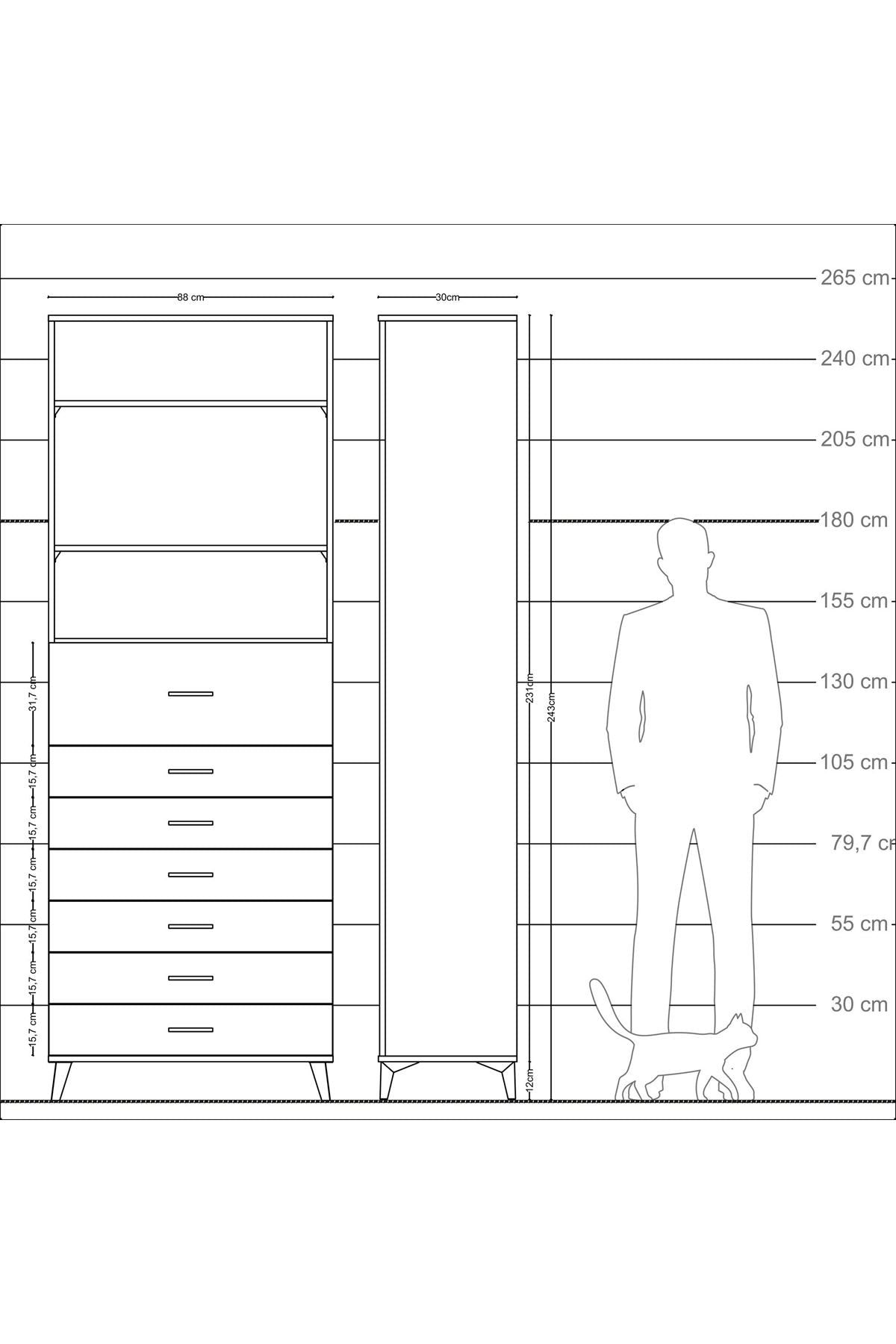 Arges Dolap 3 Raflı 7 Çekmeceli 88x30x243 Çam-Aytaşı