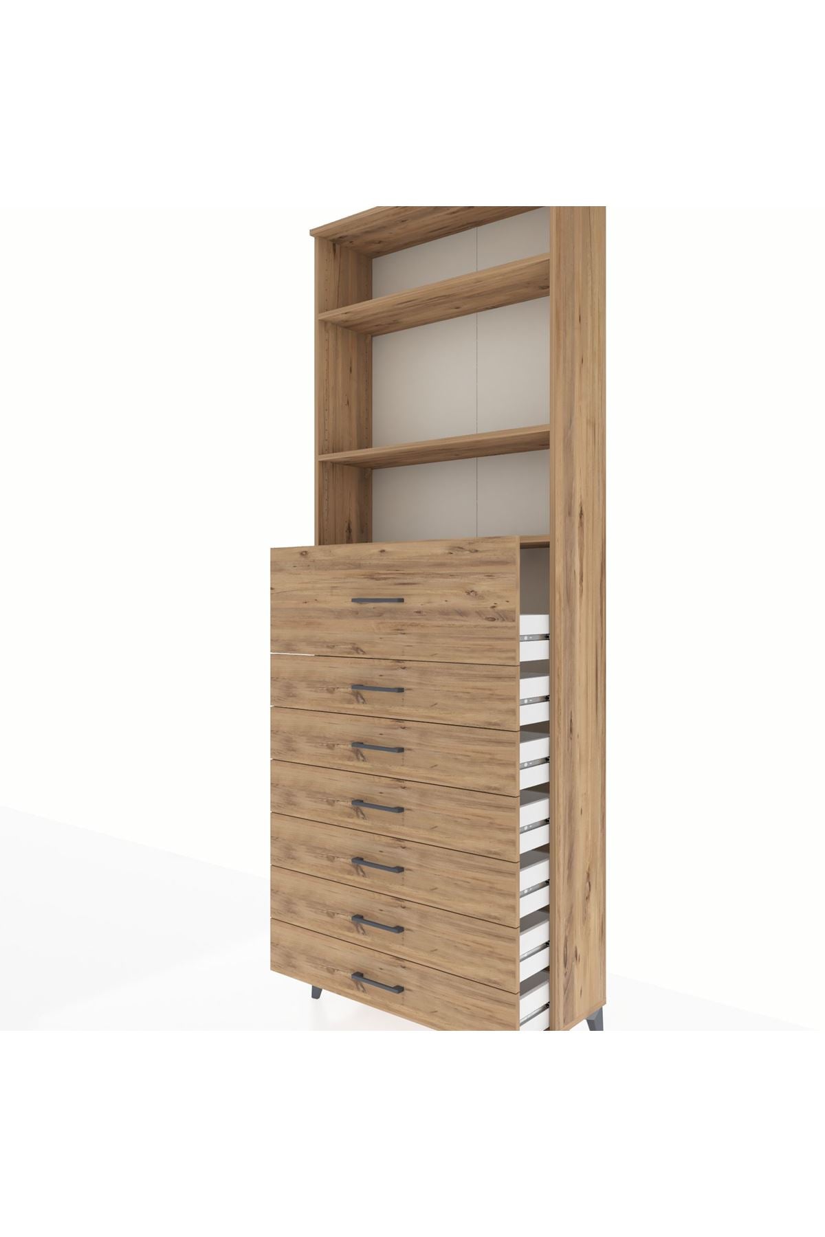 Arges Dolap 3 Raflı 7 Çekmeceli 88x30x243 Çam-Çam