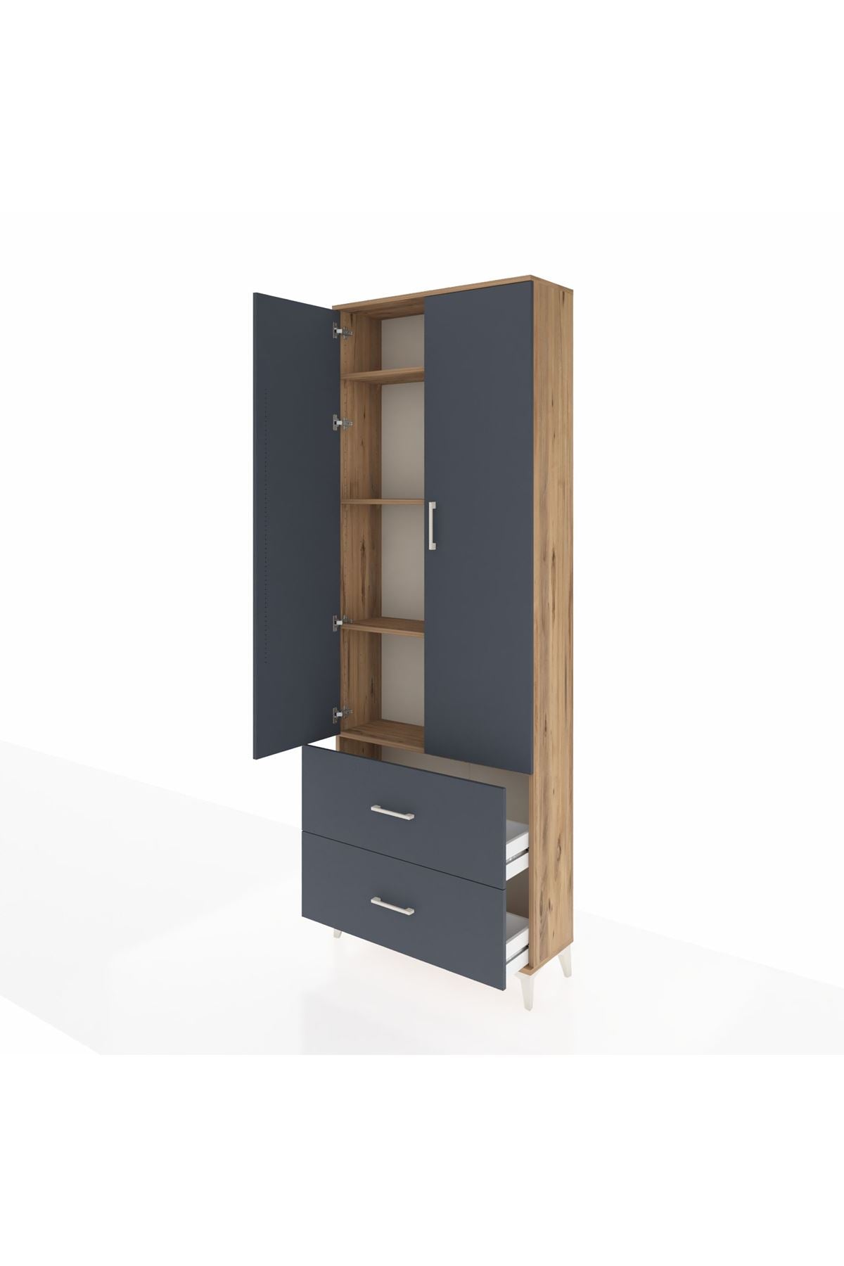 Arges Dolap 4 Raflı 2 Çekmeceli 2 Kapaklı 88x30x243 Çam-Antrasit