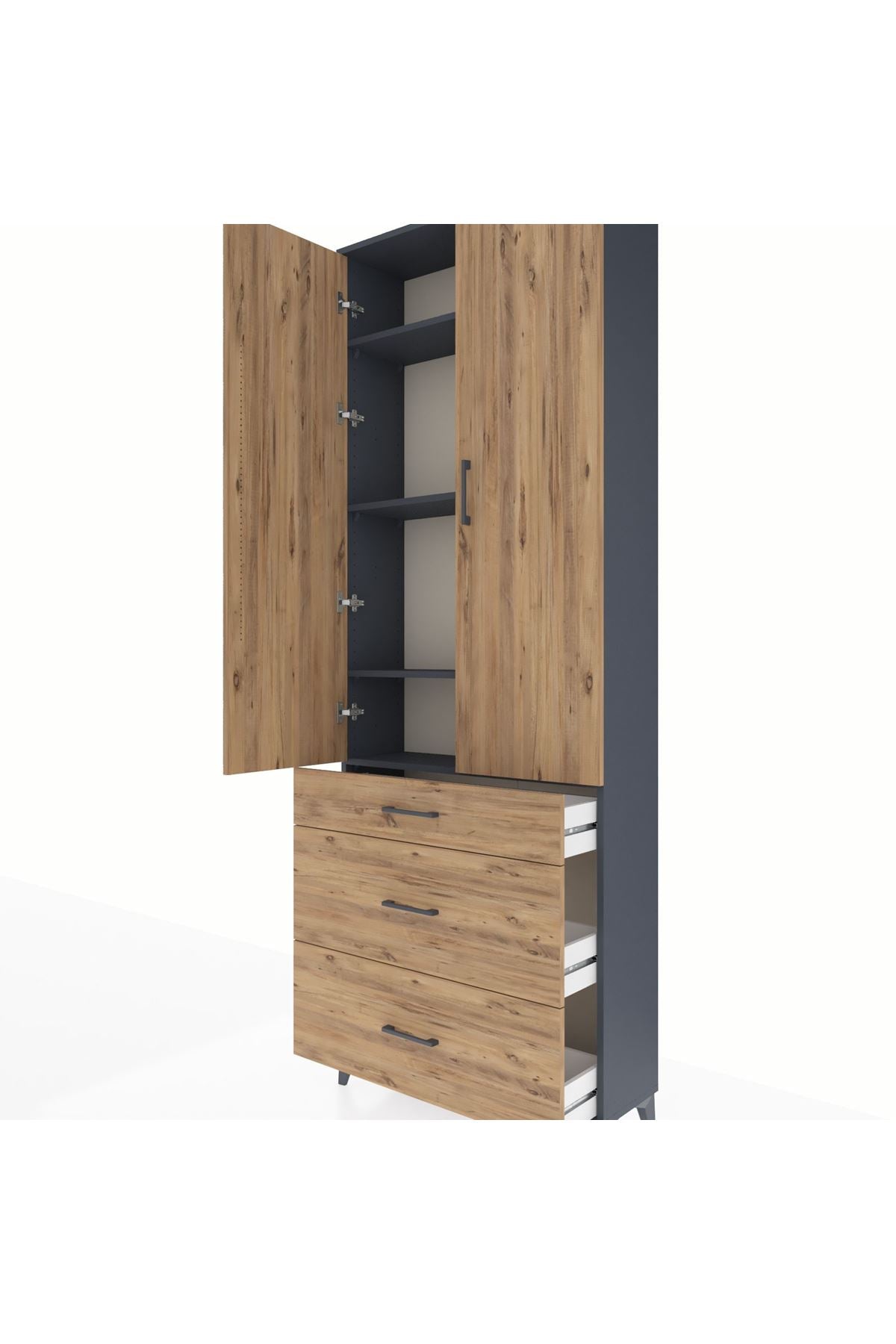 Arges Dolap 4 Raflı 3 Çekmeceli 2 Kapaklı 88x30x243 Antrasit-Çam