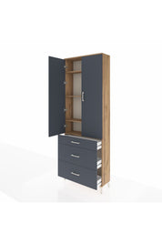 Arges Dolap 4 Raflı 3 Çekmeceli 2 Kapaklı 88x30x243 Çam-Antrasit