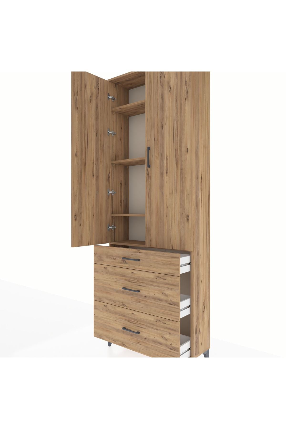 Arges Dolap 4 Raflı 3 Çekmeceli 2 Kapaklı 88x30x243 Çam-Çam