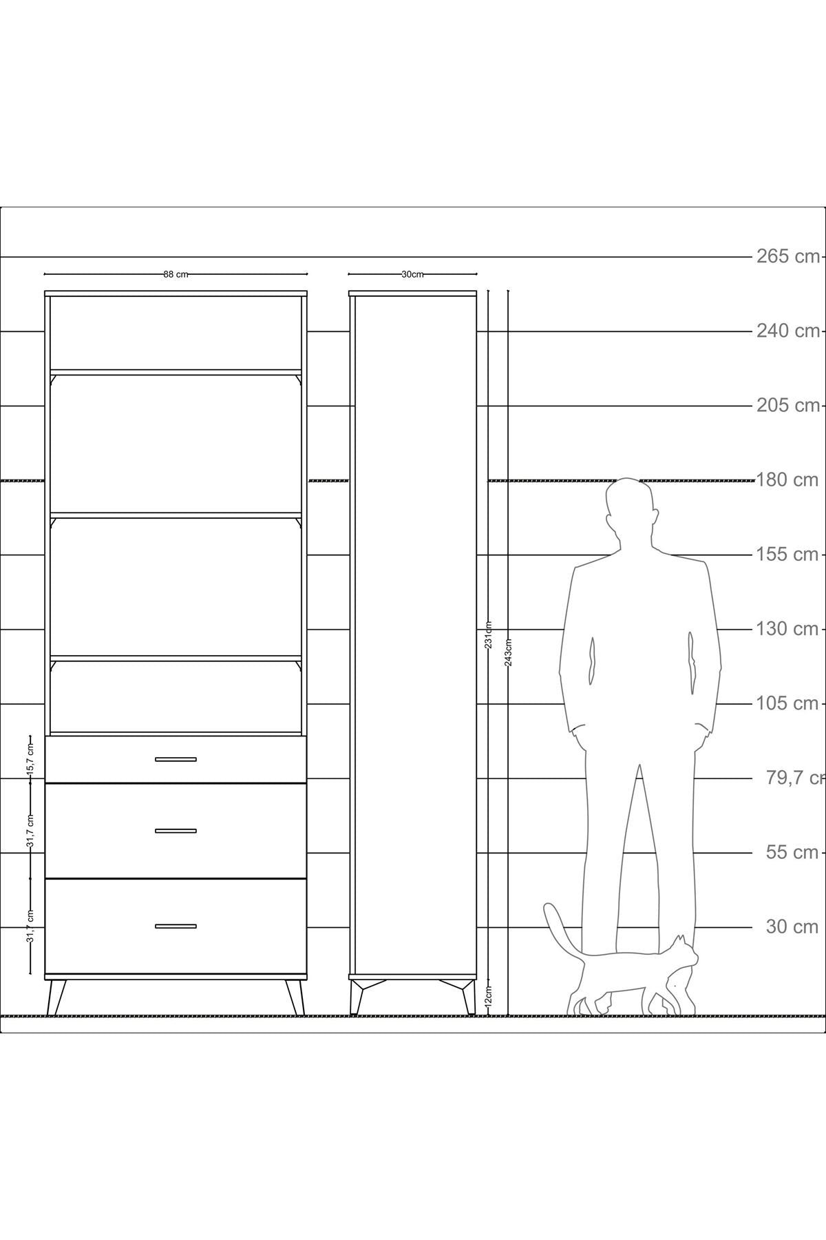 Arges Dolap 4 Raflı 3 Çekmeceli 88x30x243 Antrasit-Çam